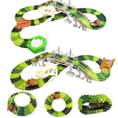 Esun Autorennbahn 189/289 Stück Rennstrecke Dinosaurier Spielzeuge Flexible Zugbahnen, (Set, 189-tlg), mit 2 dino auto, Geschenk Junge Mädchen 3 4 5 6 Jahre