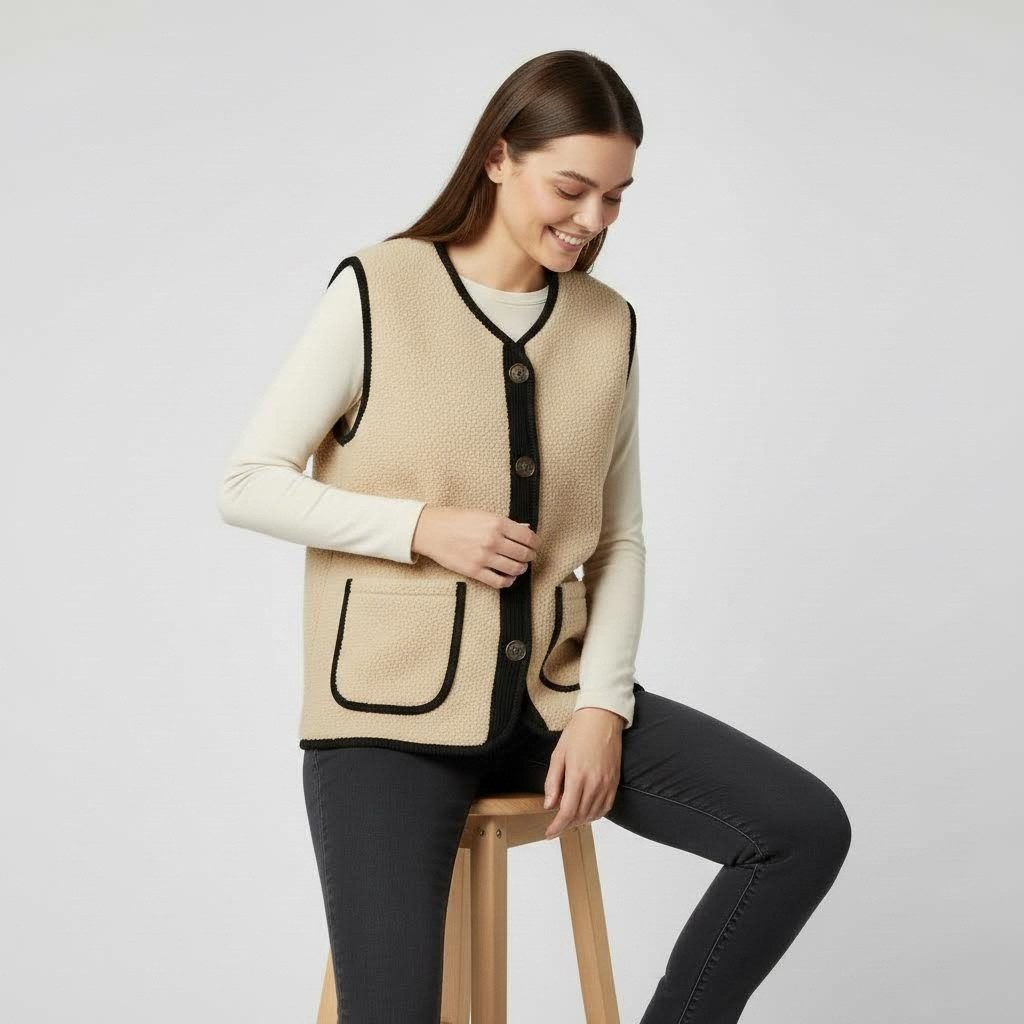 May Gem Kurzweste Damen Kurzweste im Bouclé Stil mit Samt Details 38-42 Einheitsgröße - 38-40 (lässig) & 40-42 (klassisch)
