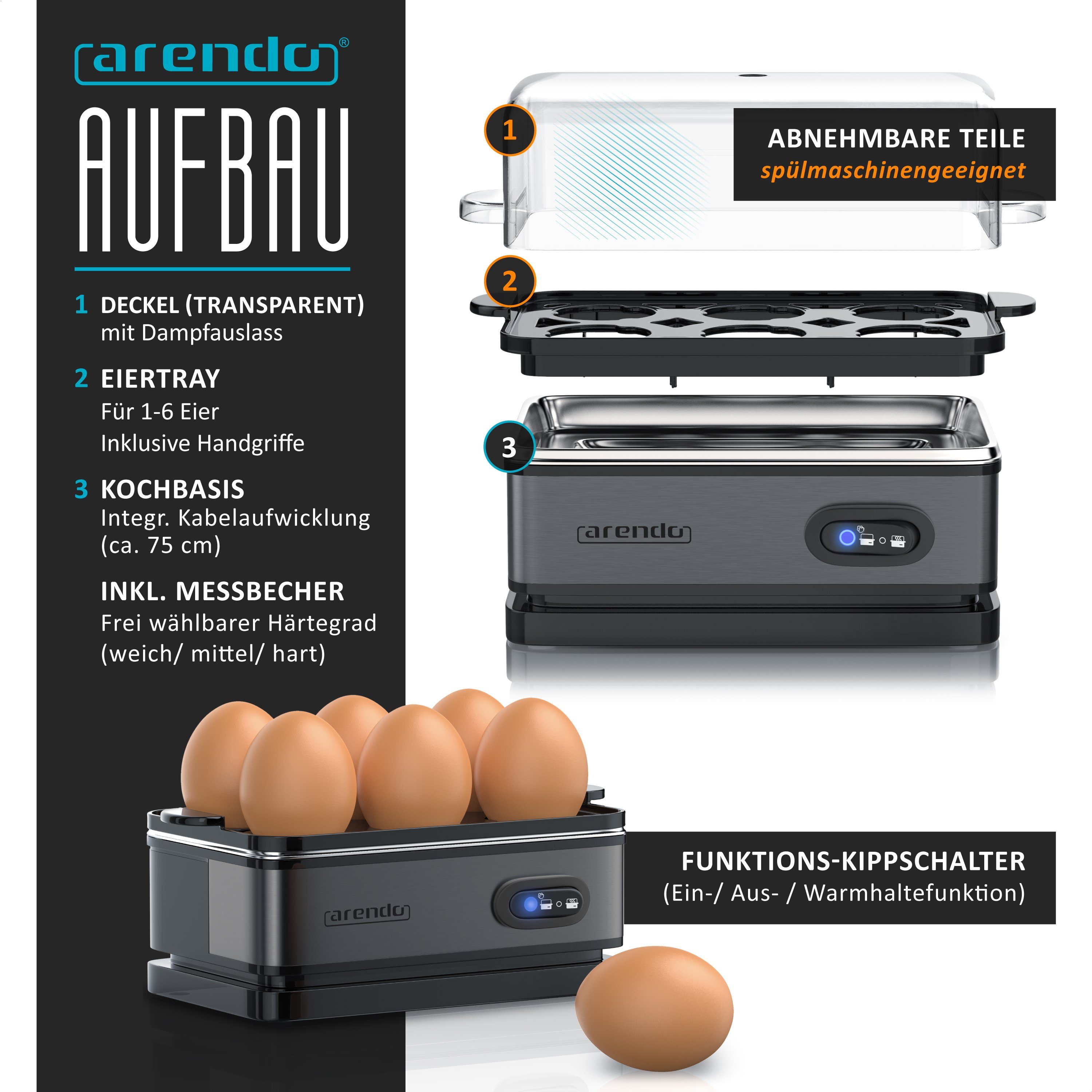 Arendo Eierkocher 6-fach, Edelstahl, mit Warmhaltefunktion, frei wählbarer Härtegrad, Anzahl Eier: 6 St., 400 W, Kipp-Funktionsschalter mit Indikationsleuchte, für bis zu 6 Eier
