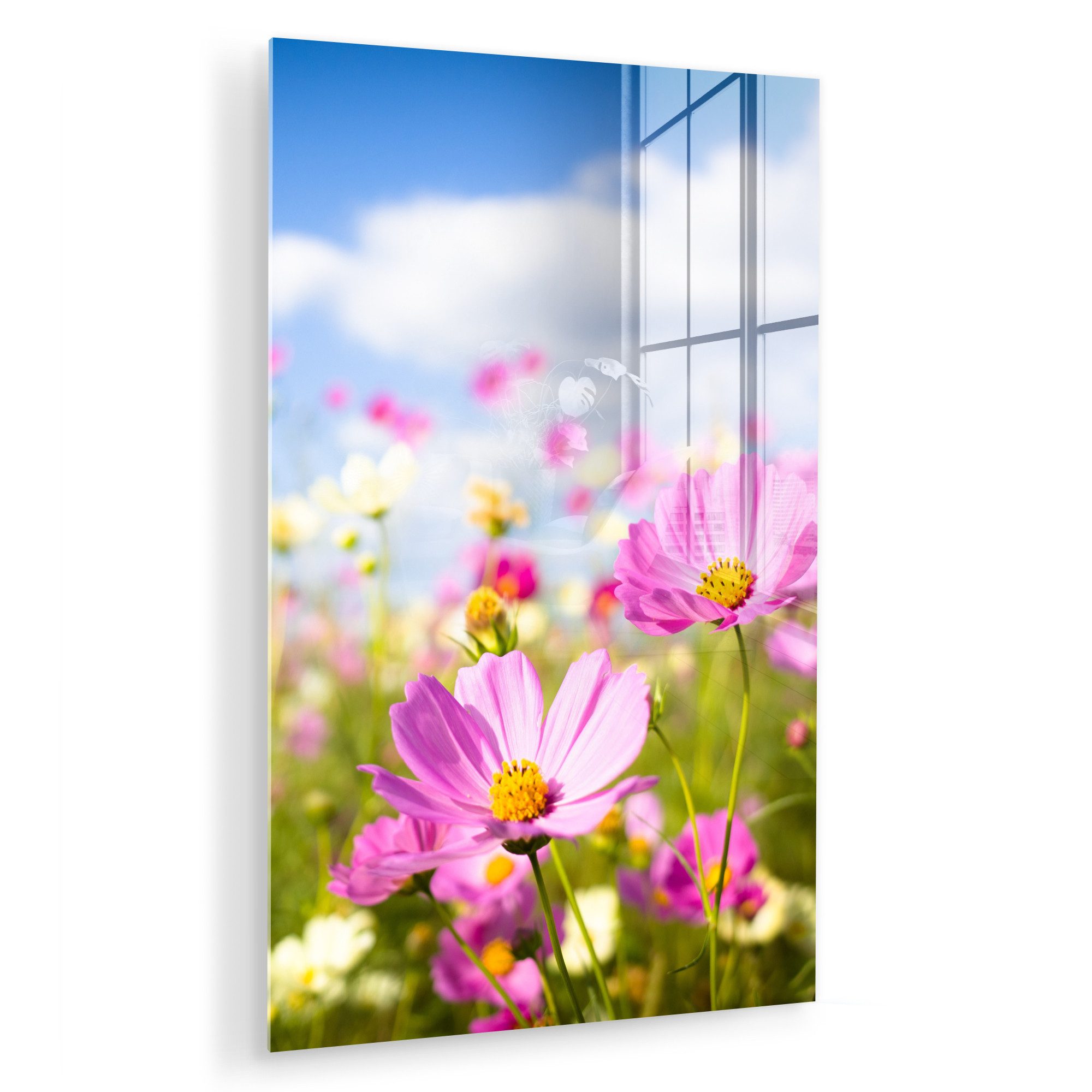 MuchoWow Acrylglasbild Blumen - Wiese - Lila - Gras - Weiß - Wolken - Blau, Inkl. Aufhängung, Dekorative Bild für Küche & Wohnzimmer auf Glas, 20x30 cm