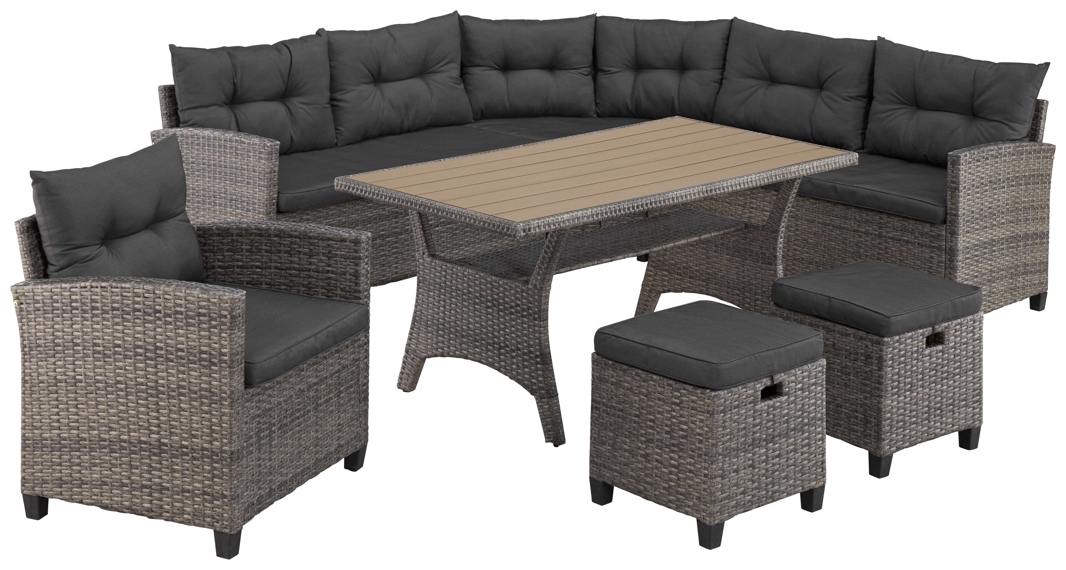 Hocker, Polyrattan KONIFERA 2 Ecklounge, anthrazit, Gartenlounge-Set braun/grau Premium, Tisch, Keros grau braun, | Sessel, (20-tlg),