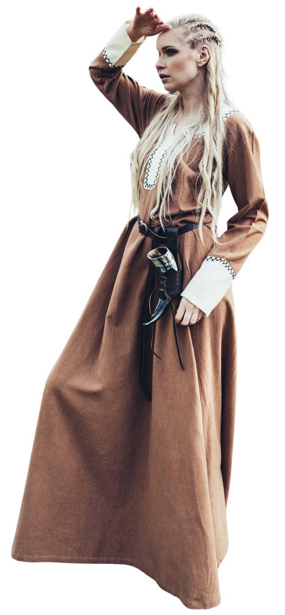 Leonardo Carbone Wikinger-Kostüm Kleid "Freya" mit Handstickerei, zweifarbiges Design, hochwertige Baumwolle