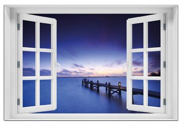 Wallario Wandfolie, Steg bei Abenddämmerung - Blauer Himmel bei Nacht, mit Fenster-Illusion, wasserresistent, geeignet für Bad und Dusche