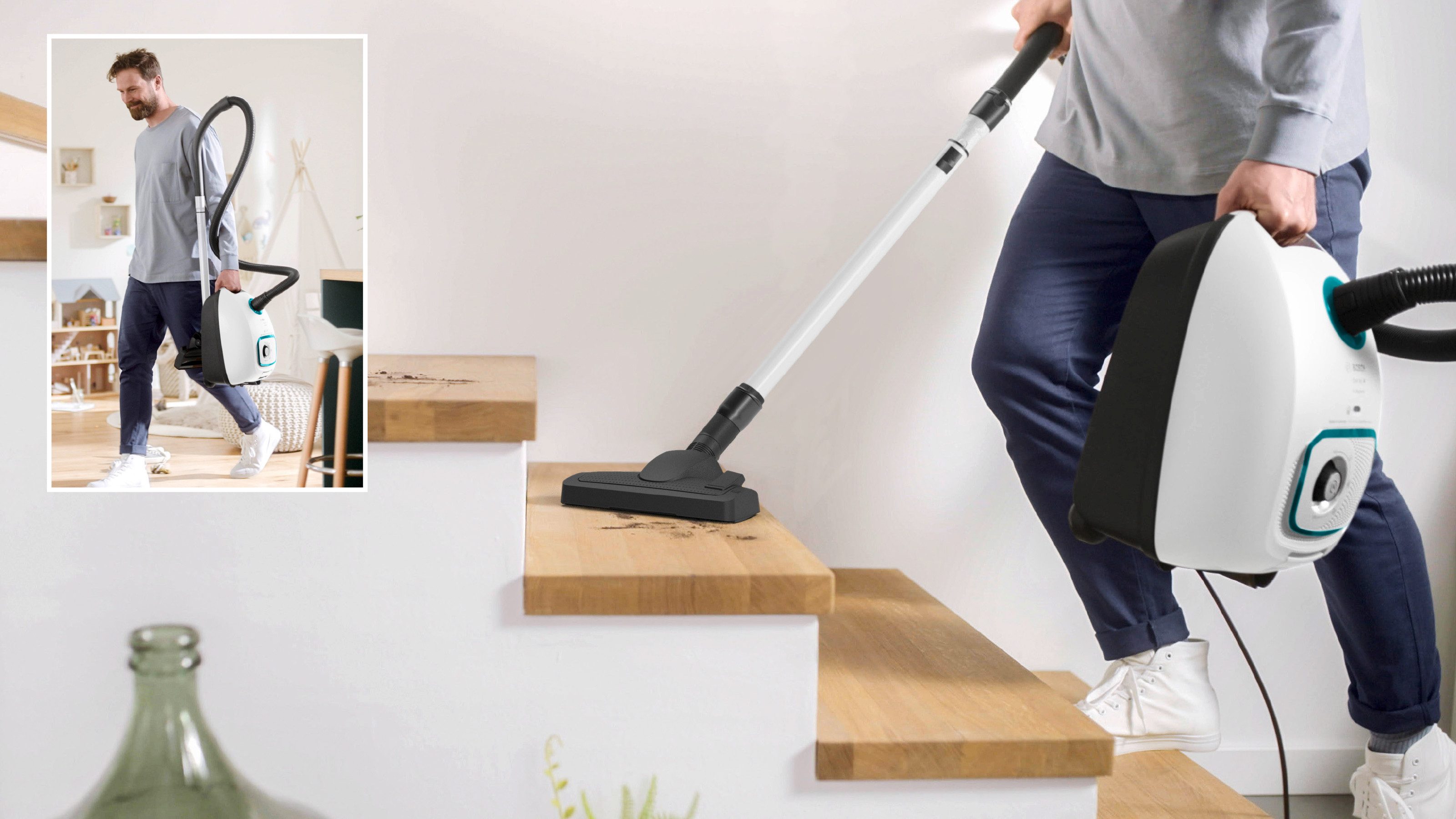 BOSCH Bodenstaubsauger Serie 4 ProHygienic BGD41HYG, ideal für Allergiker, Hygiene-Filter, 600 W, mit Beutel, 10 Jahre Motorgarantie, integriertes Zubehör, langes Kabel, weiß