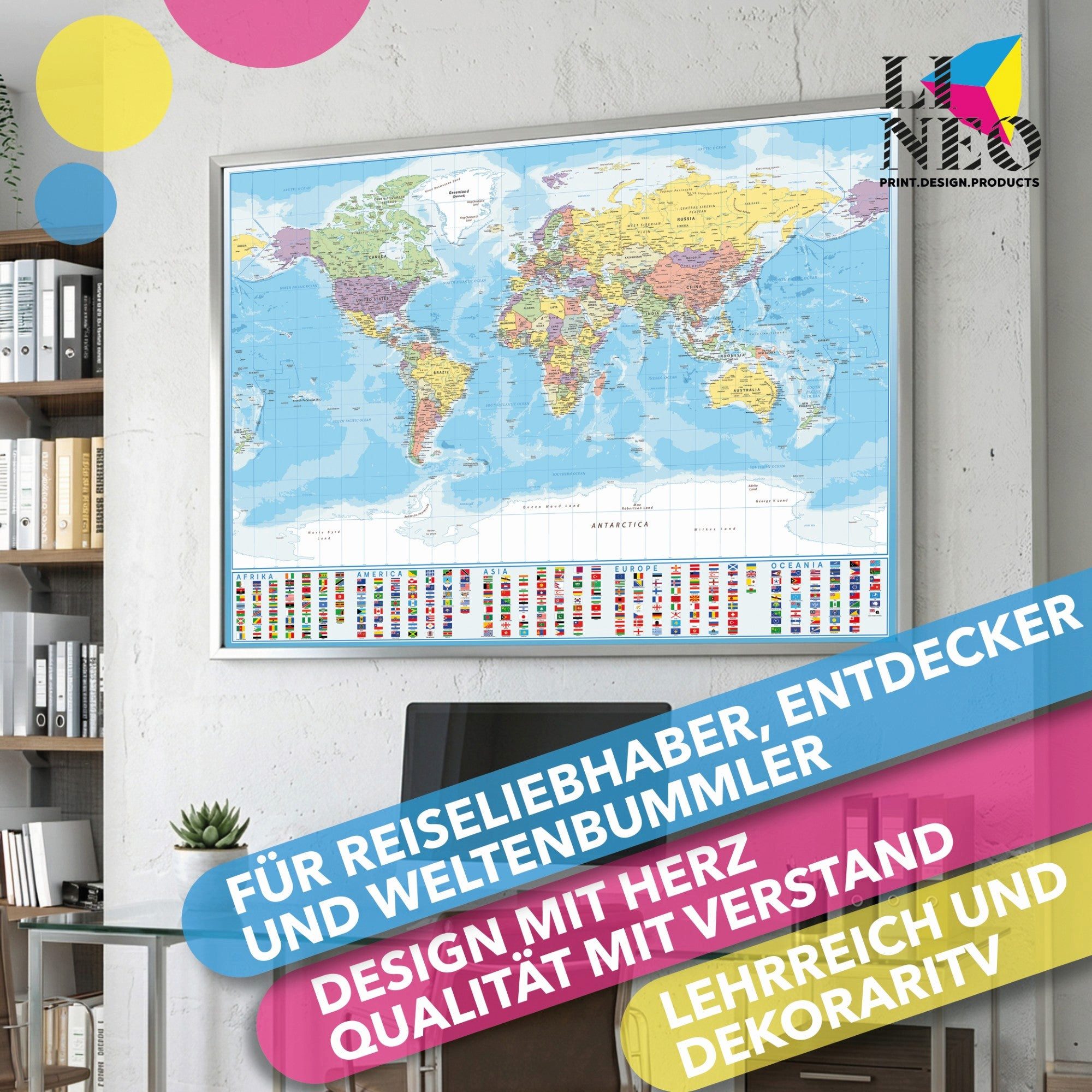Lineo Poster Weltkarte XXL 120x85 cm, Weltkarte (1 St), Hochwertiges World-Map Poster im XXL Format