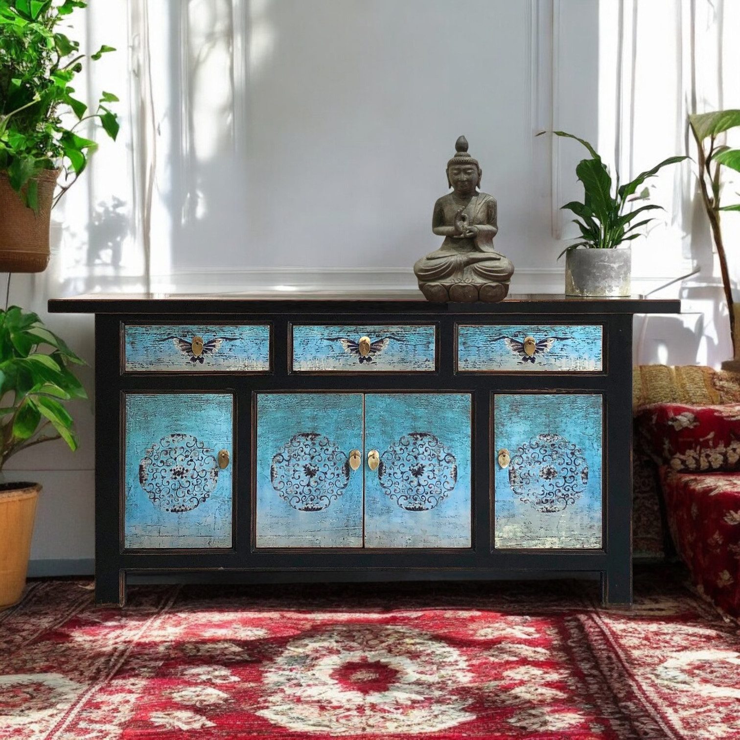 OPIUM OUTLET Sideboard Schrank Kommode Asia Vintage Möbel chinesisch orientalisch asiatisch (authentische Motive, Hochzeitsschrank Anrichte Buffet), B x T x H: 175 cm x 45 cm x 85 cm / komplett montiert