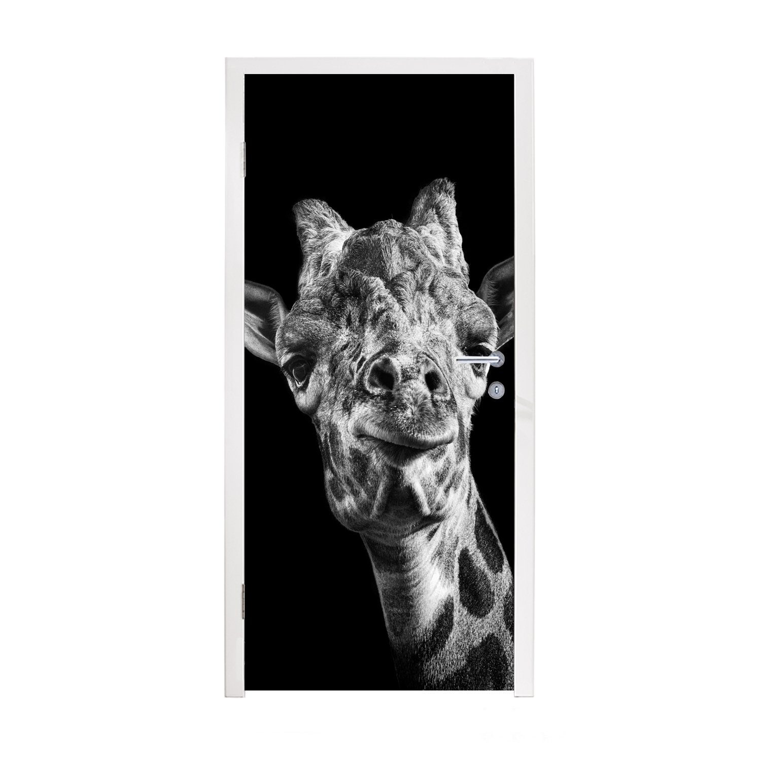 Matt, Türtapete Fototapete für MuchoWow Tür, Schwarz - - - Giraffe bedruckt, 75x205 St), Weiß, Türaufkleber, cm (1 Tier