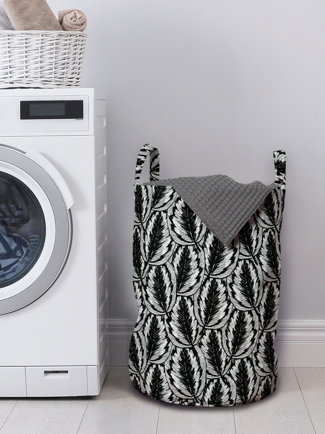 Abakuhaus Wäschesäckchen Wäschekorb mit Kordelzugverschluss Waschsalons, Monochrome Blätter Gestreifte Griffen für Surreal