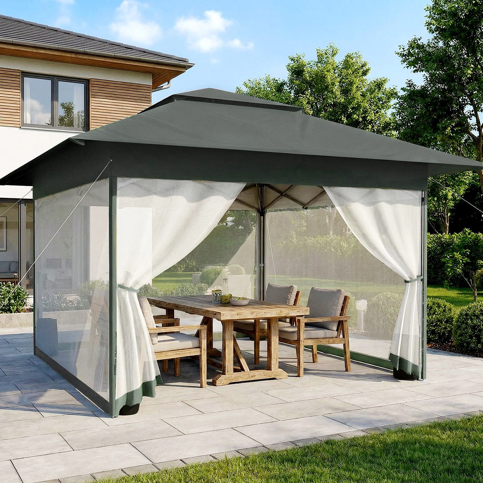 Huracan Faltpavillon 3,6x3,6 Höhenverstellbar Gartenpavillon, mit 4 Seitenteilen, mit 4 Moskitonetz Seitenteilen und Sandsäcke, Pop Up Pavillon