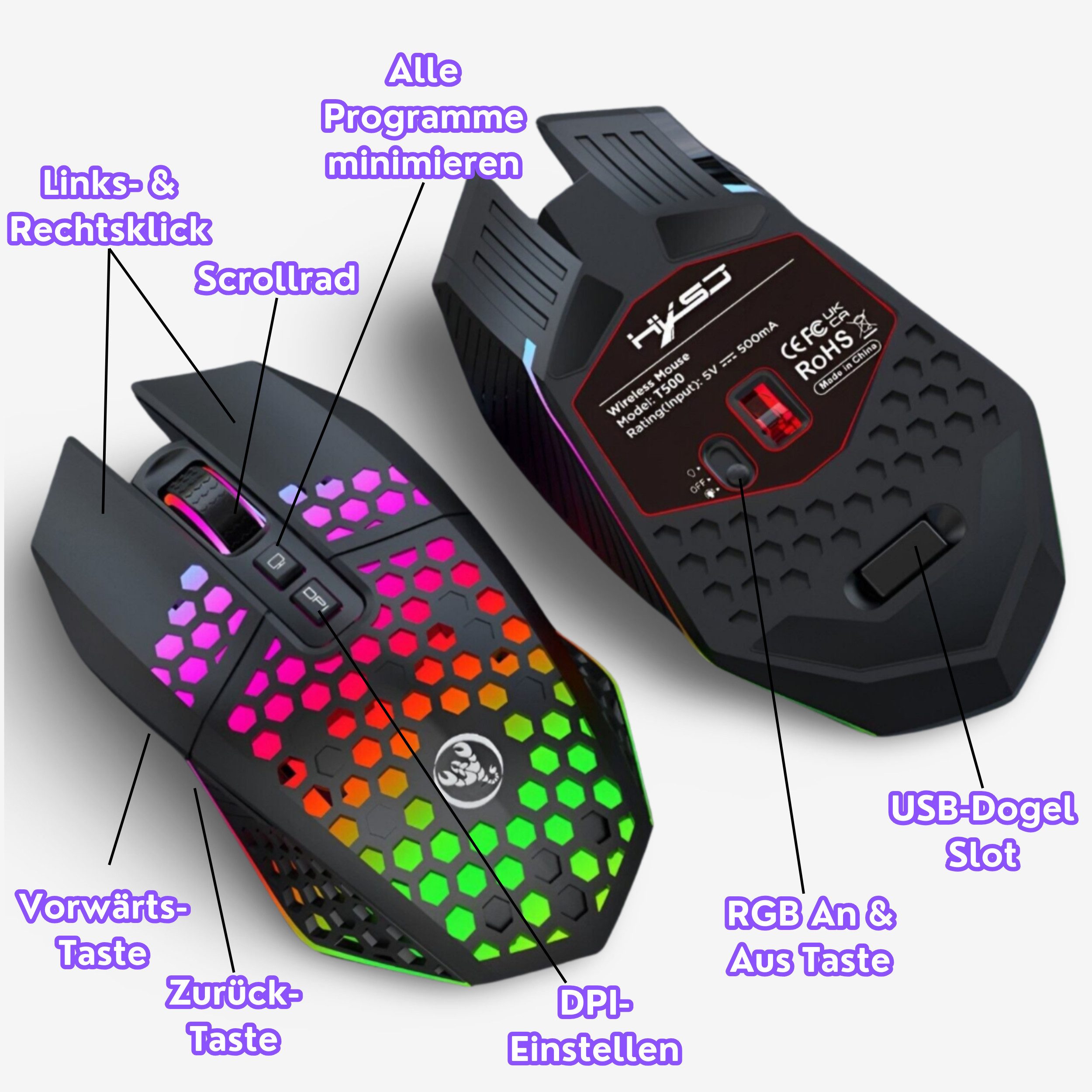 S&T Design RGB Gaming Maus Kabellos Wireless Leise Weiß Schwarz USB Gaming-Maus (Funk, 7 Tasten / Zurück zum Desktop / DPI Einstellbar / PC Laptop)