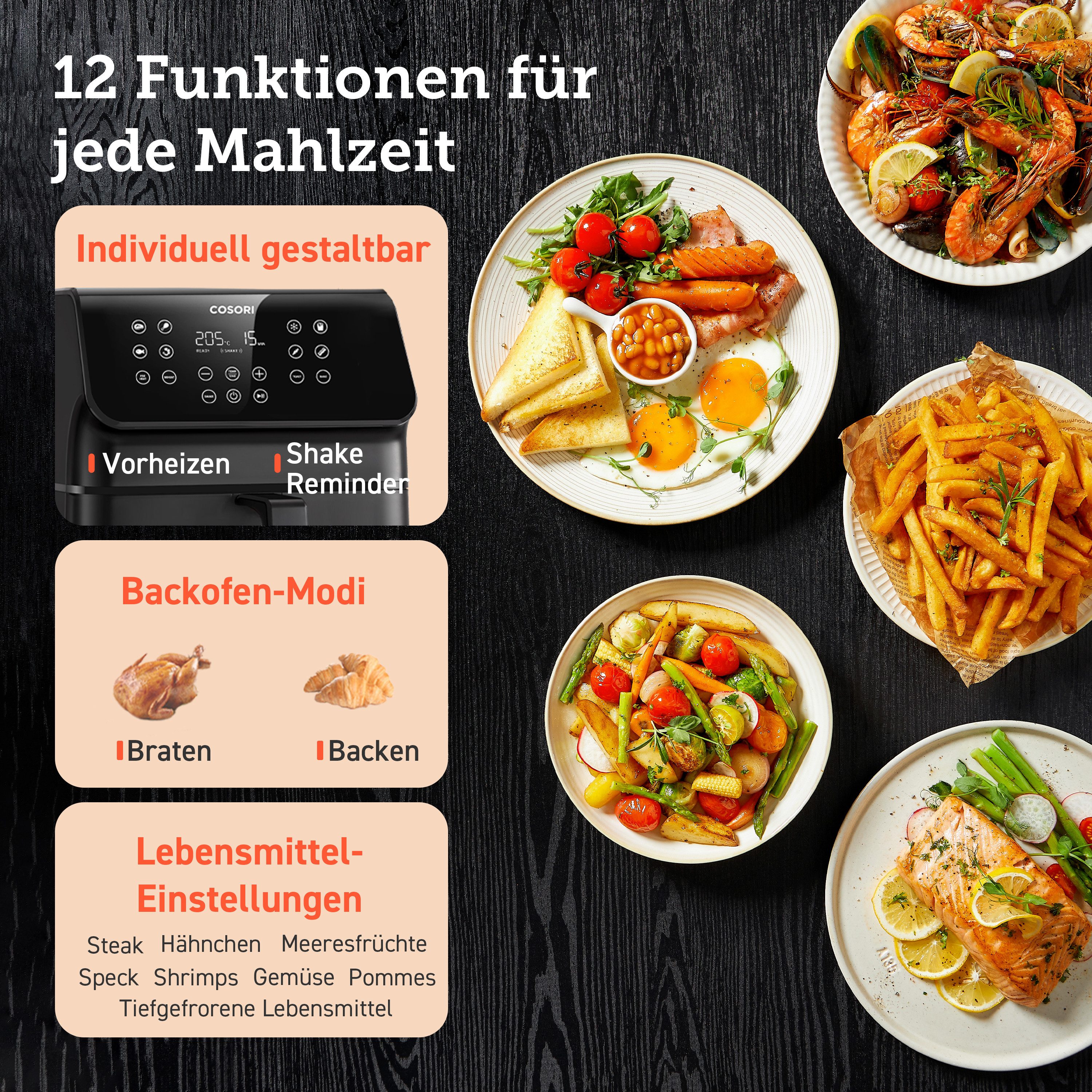 Cosori Heißluftfritteuse Premium II Chef Edition, 6.2 Liter, Airfryer, 50 Papiereinleger inkl., 1700,00 W, 360° Luftzirkulation, 12-in-1-Kochfunktionen, spülmaschinengeeignet
