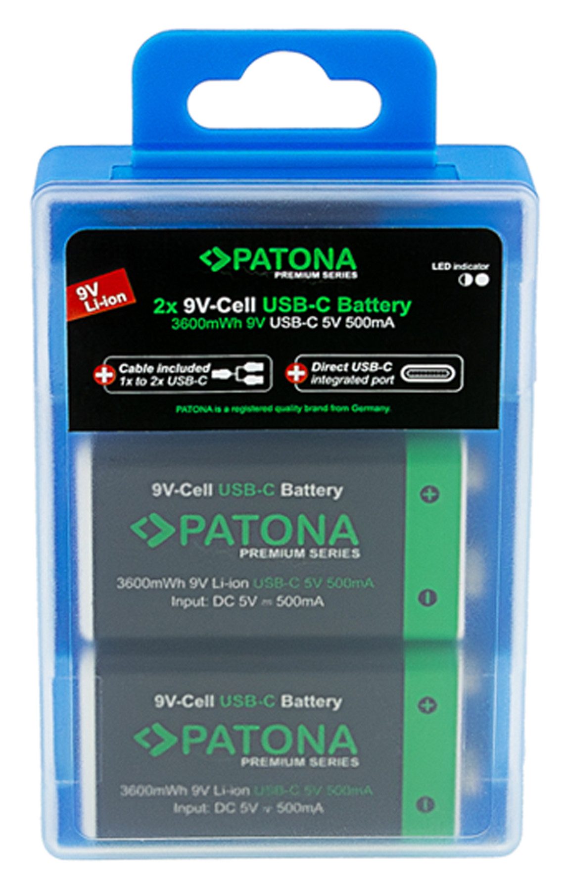 Patona 2 USB-C Batterien 9 Volt Block Akkus 6F22 Lithium 3600mWh 1.5V Batterie, aufladbar mit 1 zu 2 USB-C Ladekabel (im Lieferumfang enthalten)