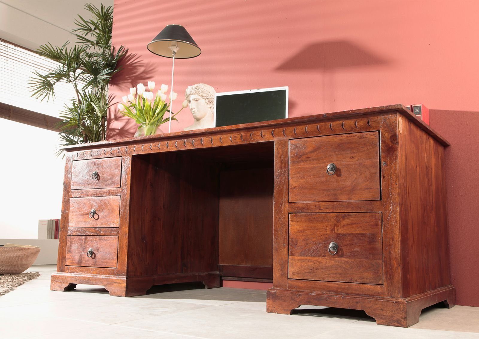 Massivmoebel24 Schreibtisch OXFORD (Massivholz, Massivholztisch), Schreibtisch Akazie 180x80x74 nougat lackiert OXFORD #529