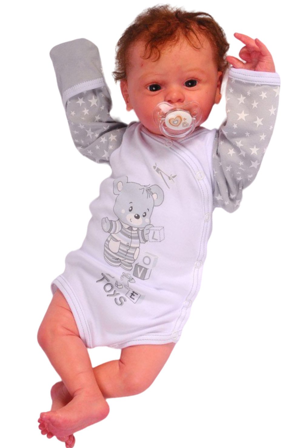 La Bortini Wickelbody Langarmbody Baby Body in Grau mit Sternchen und Bären aus reiner Baumwolle, 44 50 56 62 68 74 80 86 92 98 104
