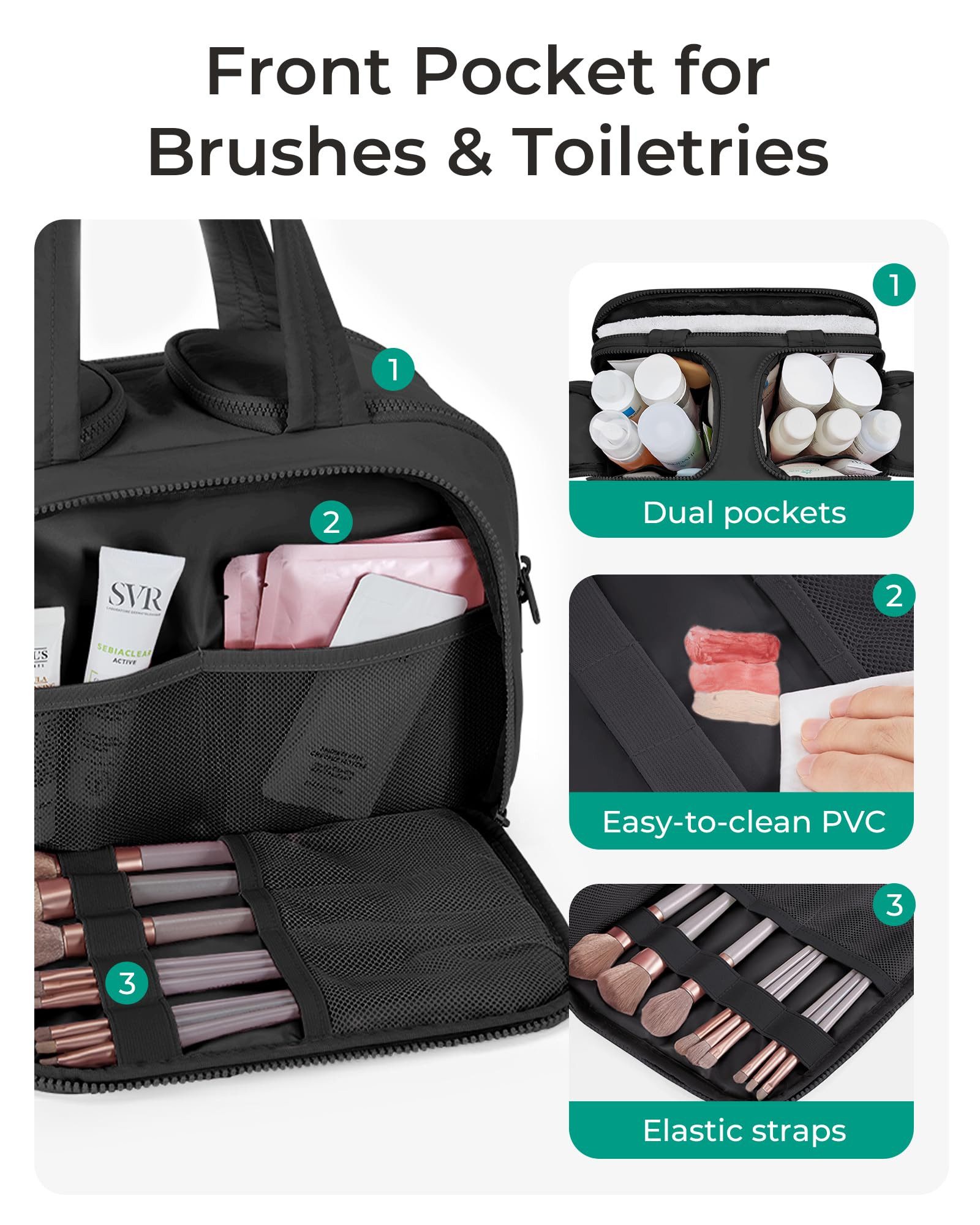 Forrlite Kulturbeutel Reise Kulturtasche Damen Heren Große,Weit Offene Reise‑Kulturbeutel (Kosmetiktasche Make up Organizer mit Griff für Zubehör), Essentials,T – Bild 4 von 5