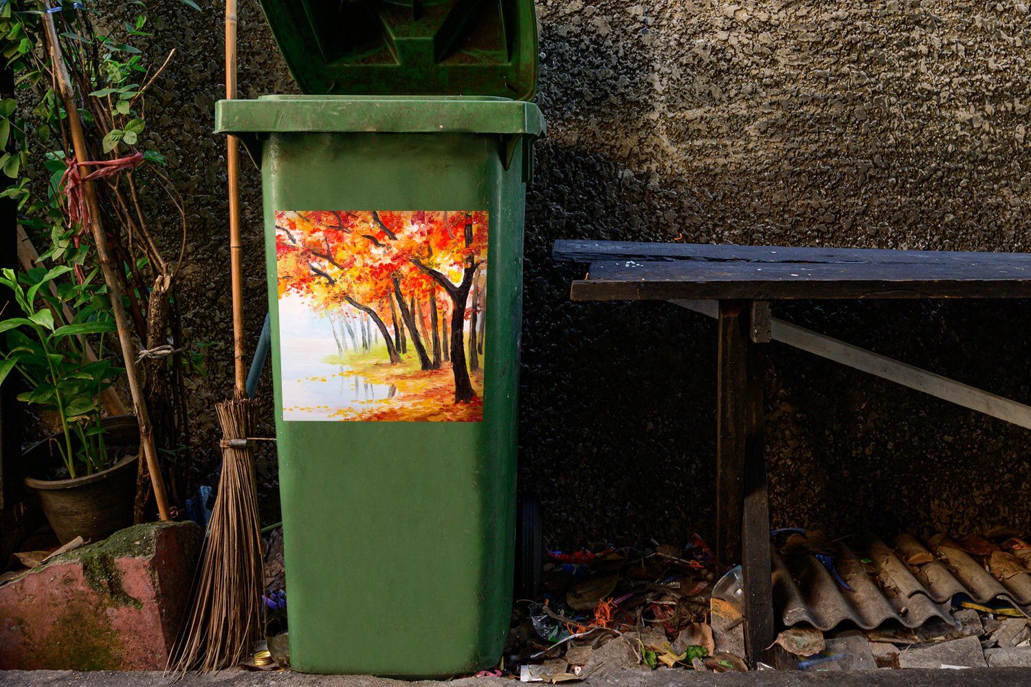 MuchoWow Wandsticker Abfalbehälter Mülltonne, - Ölfarbe - - - (1 Gemälde Mülleimer-aufkleber, Sticker, St), Wasser Container, Bäume Herbst