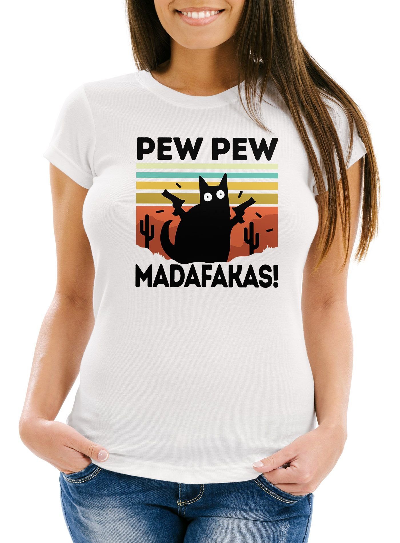 MoonWorks Print-Shirt Damen T-Shirt Pew Pew Madafakas! schwarze Katze Spruch Meme Frauen Fun-Shirt lustig Moonworks® mit Print weiß
