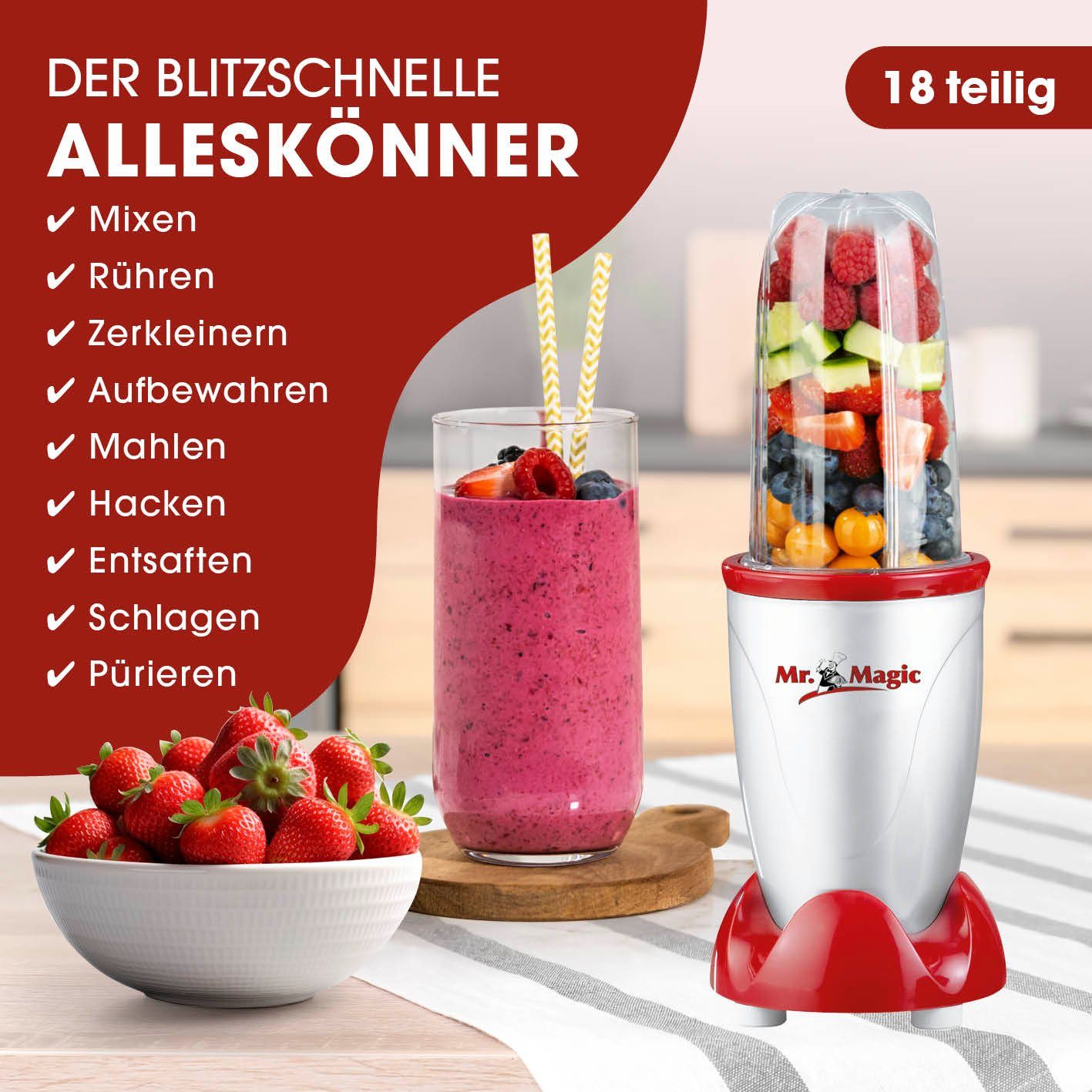 Mr. Magic Standmixer spülmaschinengeeignet Maker inkl. - To-Go Becher, rot Smoothie 18 Teile W, 400