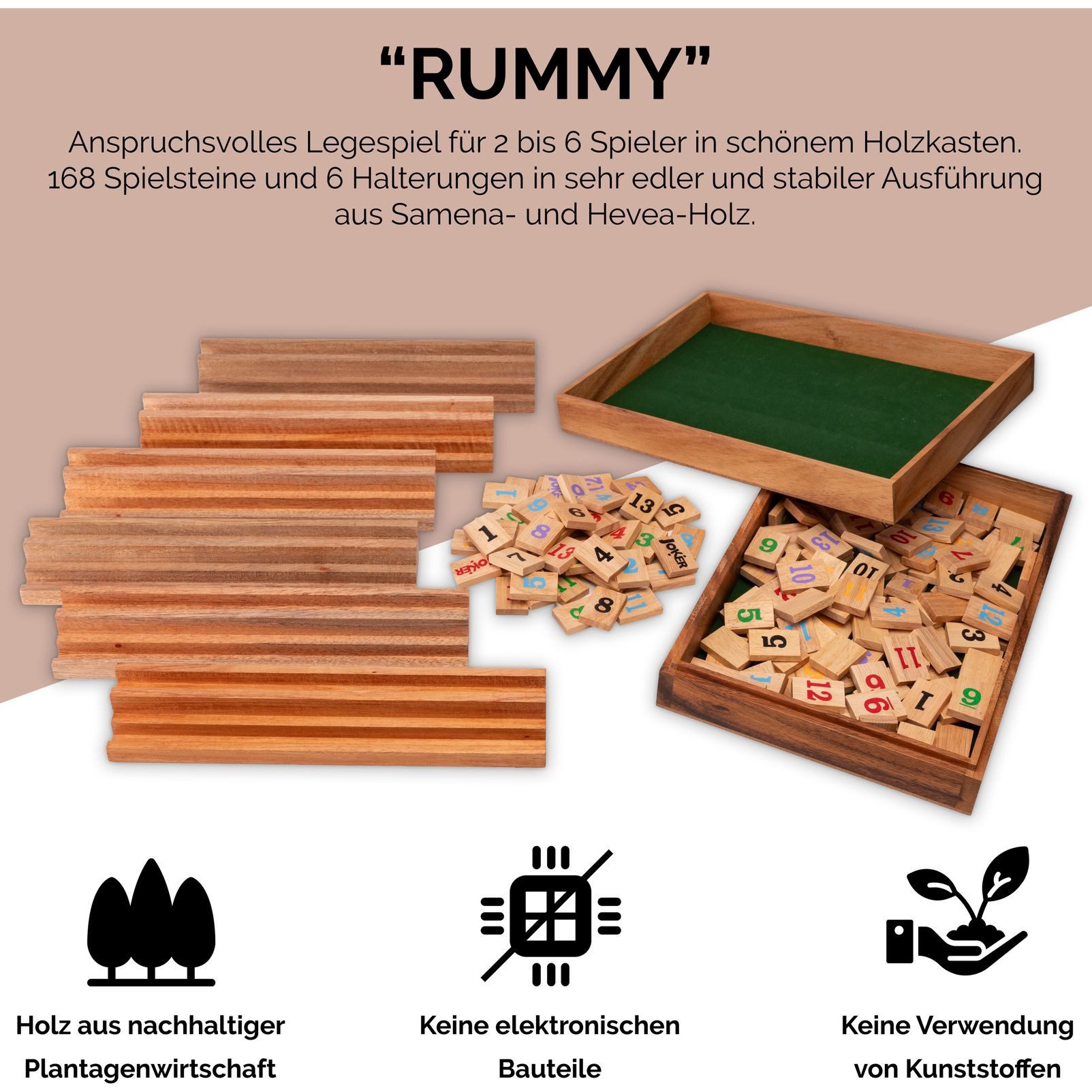 LOGOPLAY Spiel Rummy 6 im Holzkasten, Gesellschaftsspiel, Rummy für 6 Spieler – Edles Holzspiel im hochwertigen Holzkasten