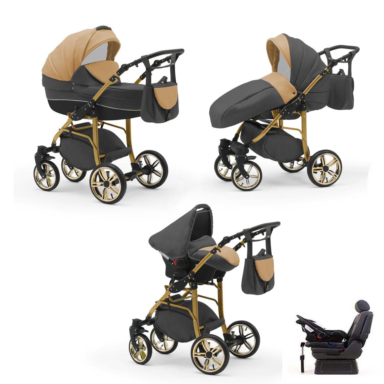 babies-on-wheels Kombi-Kinderwagen Cosmo Gold 4 in 1 inkl. Autositzund Iso  Base - 17 Teile - in 46 Farben
