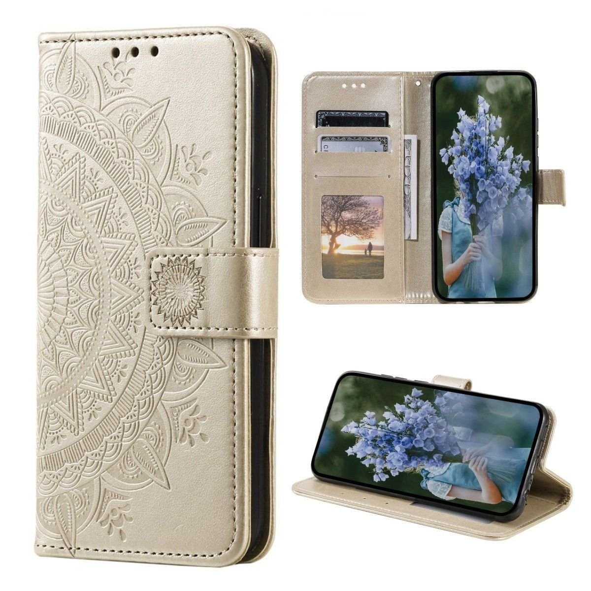 CoverKingz Handyhülle Hülle für Samsung Galaxy S23 Ultra Handyhülle Flip Case Cover Mandala 17,27 cm (6,8 Zoll), Klapphülle Schutzhülle mit Kartenfach Schutztasche Motiv Mandala
