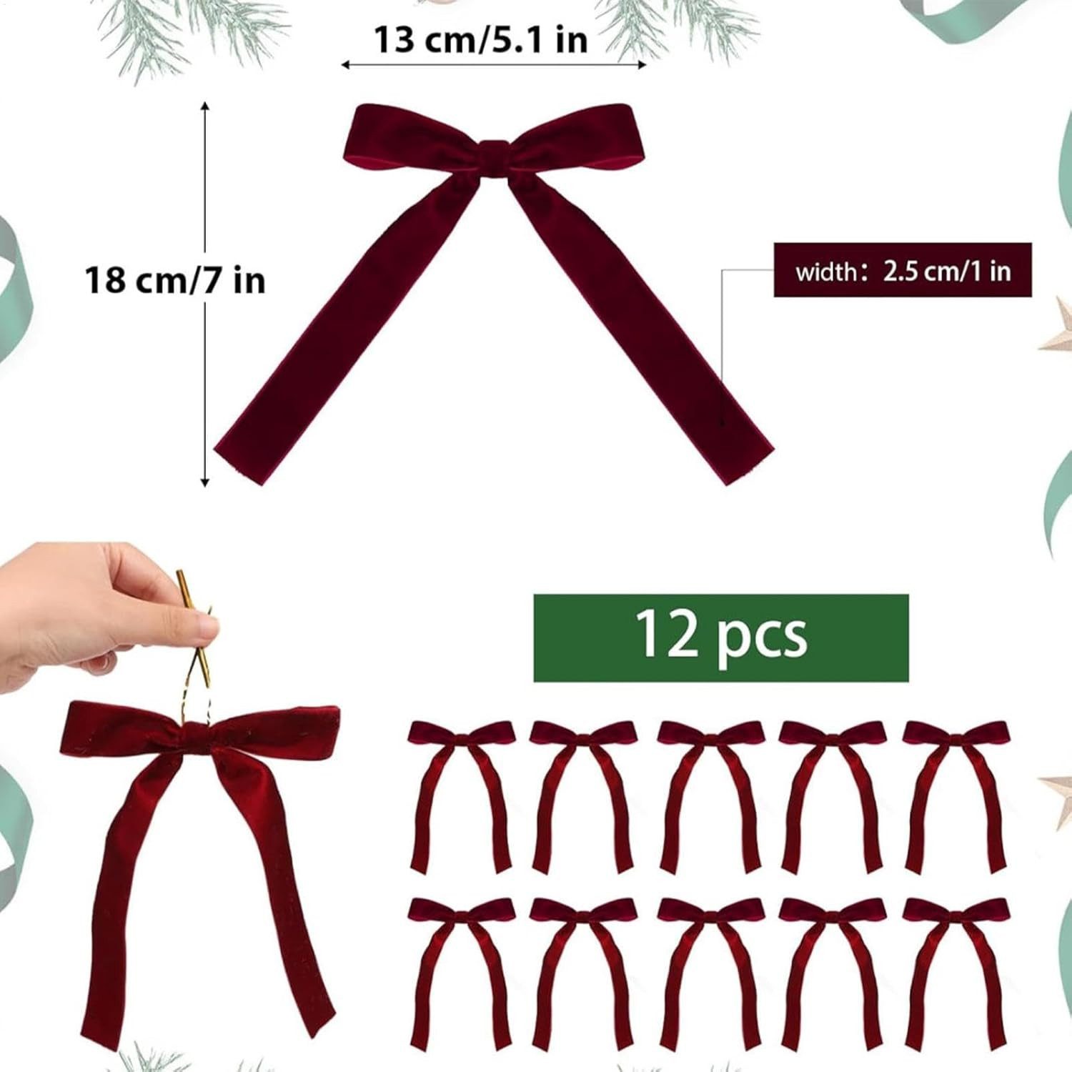 Cachito Christbaumschmuck 12 Stück Weihnachtsschleifen Vintage-Samtband Geschenkschleifen, Für Weihnachtsbaum, Geschenkverpackungen, Girlanden, Kamin, Treppen
