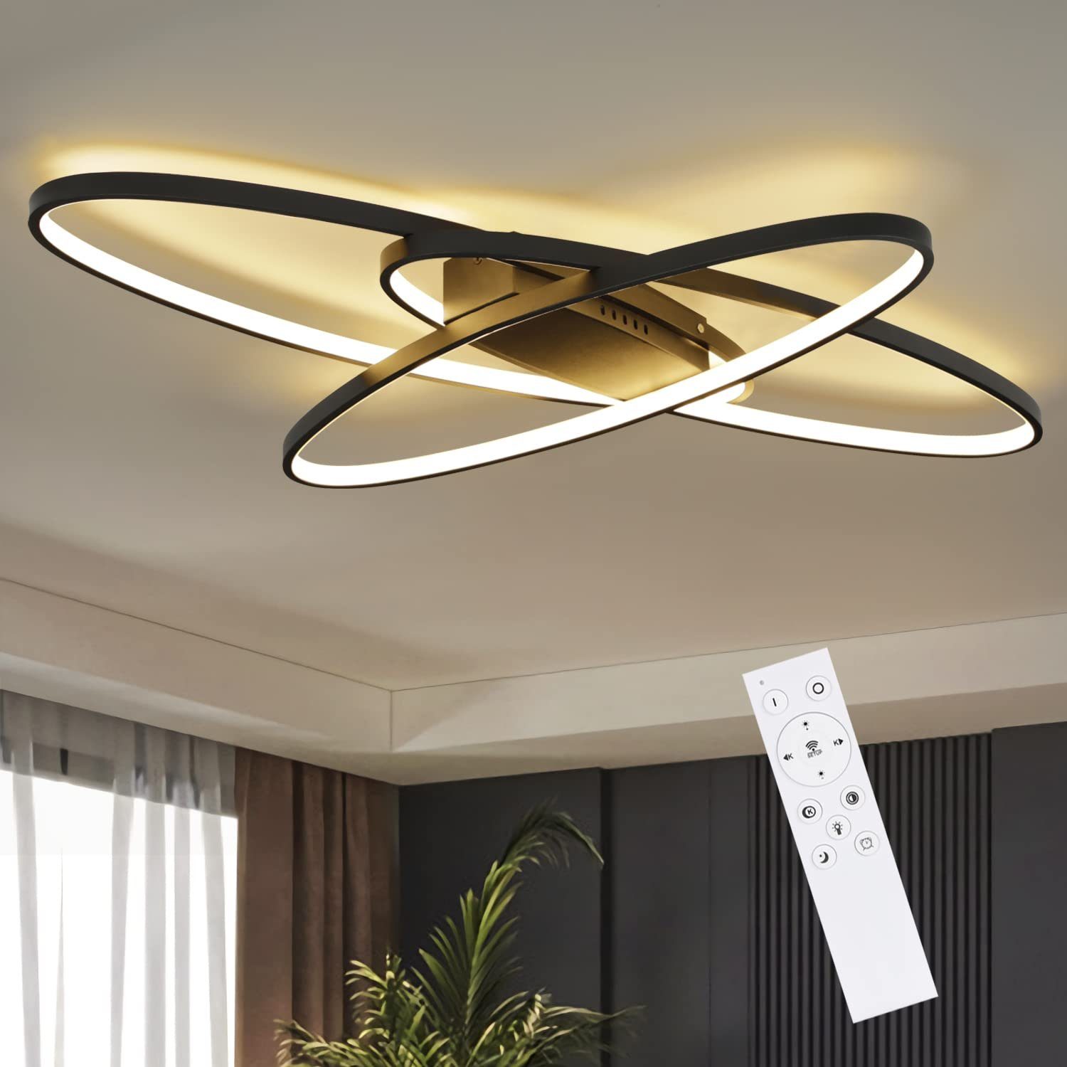 Nettlife LED Deckenleuchte Dimmbar mit Fernbedienung Wohnzimmerlampe Geometrisch, LED fest integriert, Warmweiß, Neutralweiß, Kaltweiß, für Wohnzimmer Schlafzimmer Flur Büro, 75W, 85CM Schwarz | Deckenlampen