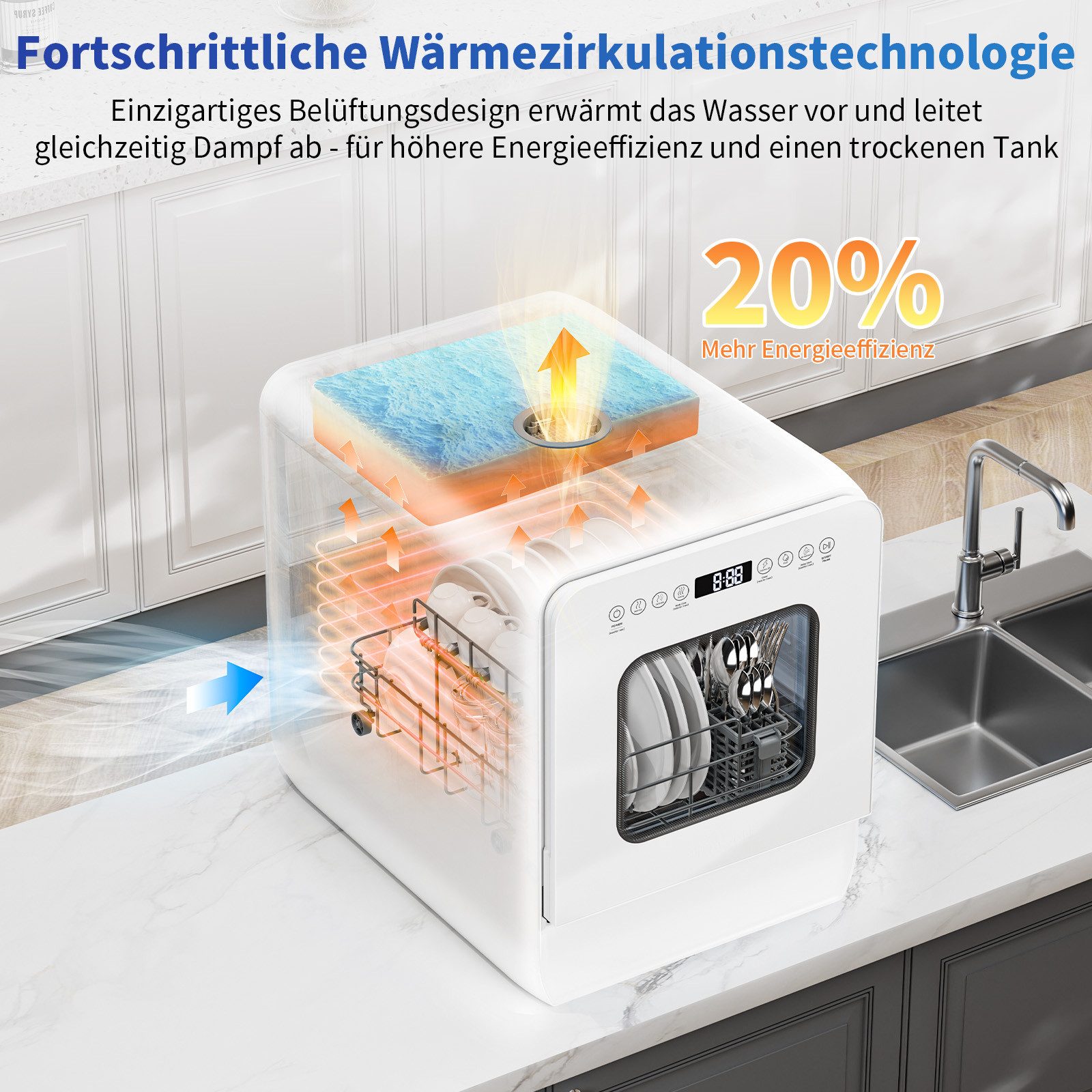 Airmsen Tischgeschirrspüler ECO-Modus,5L wassertank,9 Programme,Selbstreinigend, 1-24H Timer ZMW-DUHC01, 5 l, 4 Maßgedecke, Geeignet für Hausküchen, Wohnungen, Schlafsäle und Wohnmobile