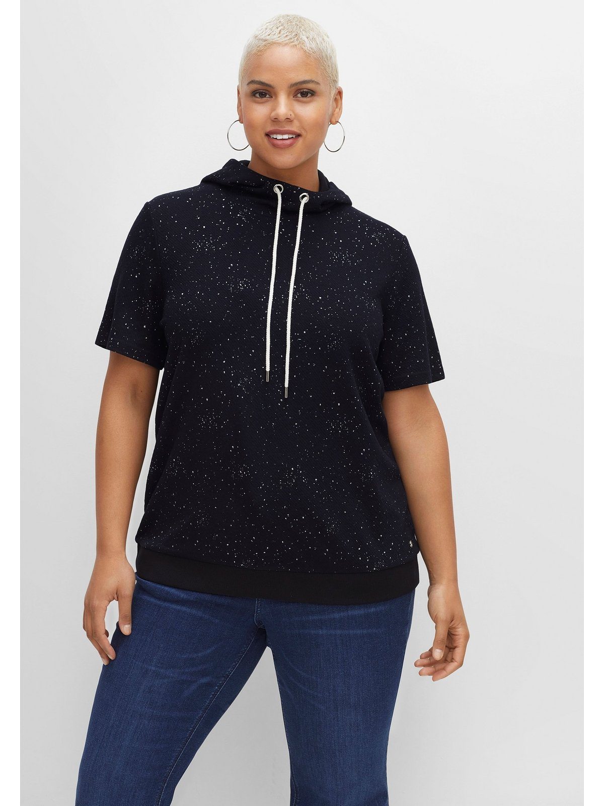 Sheego T-Shirt schwarz Sweatware, Kapuze leichter Größen meliert Große mit aus