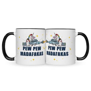 GRAVURZEILE Tasse mit Spruch - Pew Pew Madafakas, Keramik, Farbe: Schwarz & Weiß