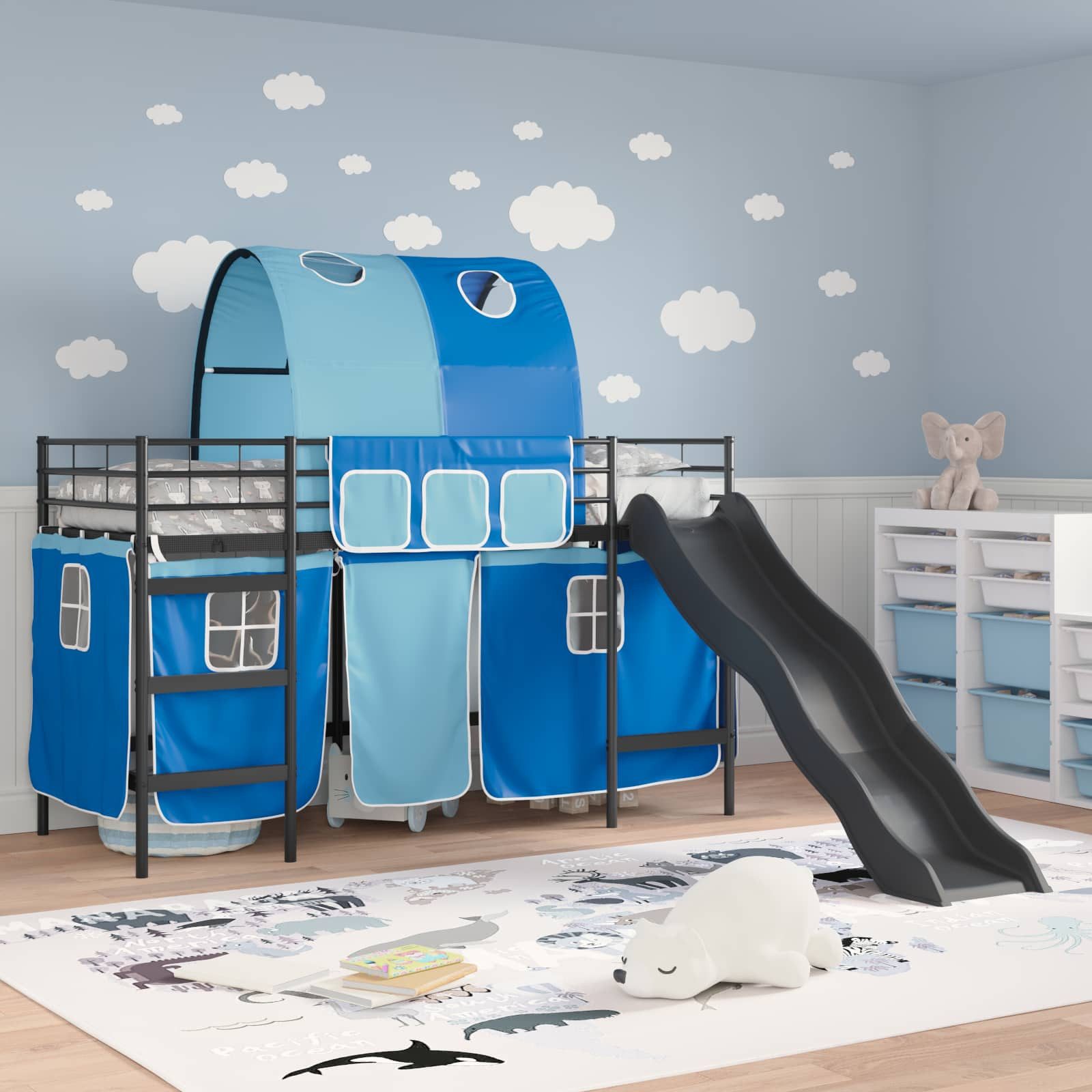 vidaXL Bett Etagenbett für Kinder mit Vorhängen Uni Schwarz und Blau Metall (1-tlg)