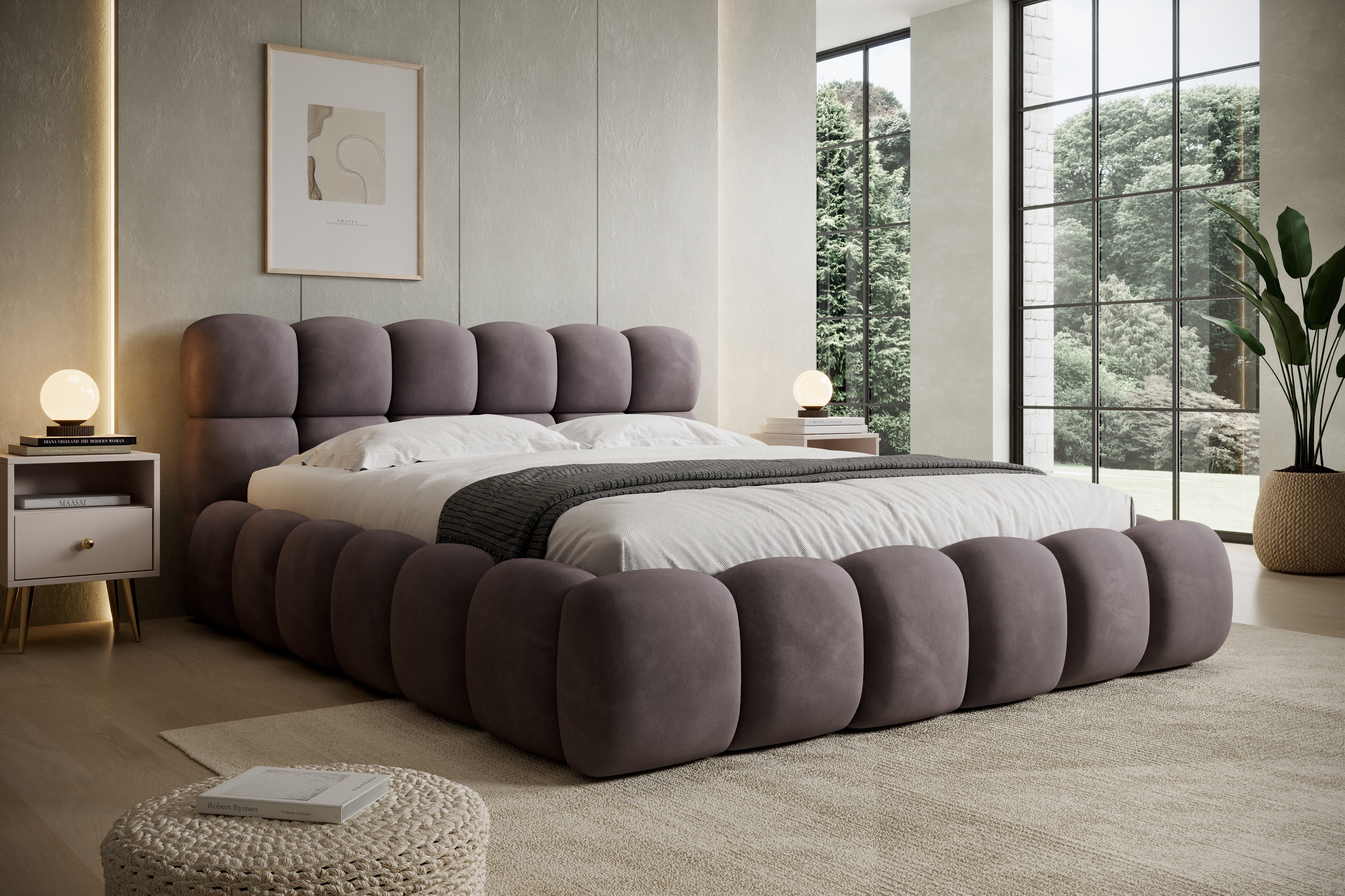 thematys Polsterbett mit Bettkasten 140x200–200x200 cm – Velours oder Bouclé Bezug – (Polsterbett in den Varianten Bouclé (Fredo), Velours (Velutto) - Wolkenbett mit XXL Kopfteil), Wolkenbett mit XXL Kopfteil)