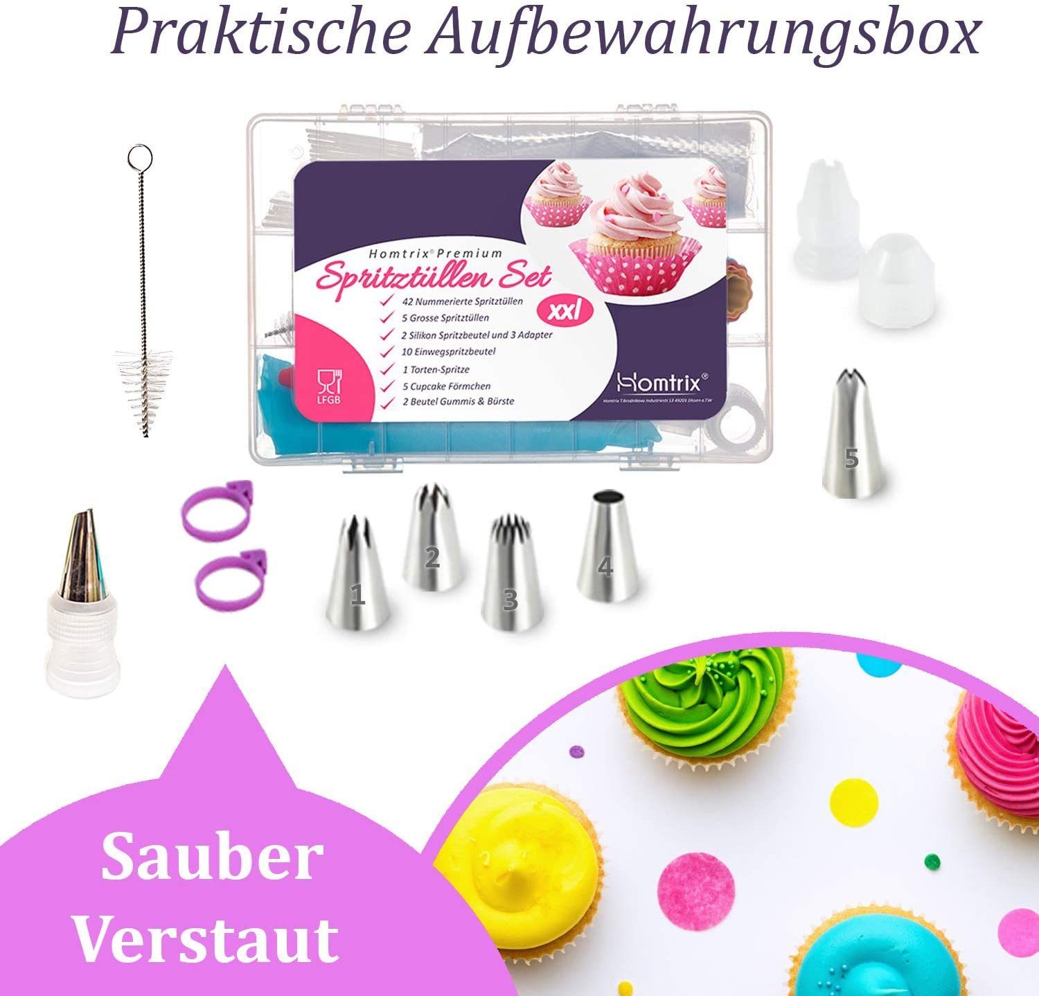 Homtrix Spritzbeutel (XXL, 72-tlg., Tortendeko Backset) 2x Silikonbeutel 47 Nummerierte Tüllen Cupcake Förmchen