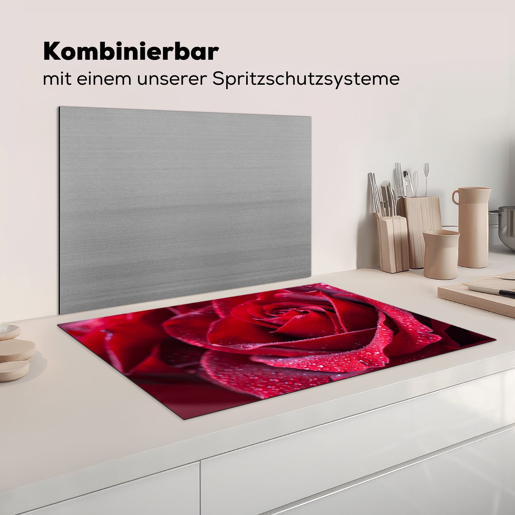 küche, Schutz Rot cm, MuchoWow für - Induktionskochfeld Herdblende-/Abdeckplatte Rose Vinyl, Ceranfeldabdeckung tlg), Tropfen, die (1 81x52 -