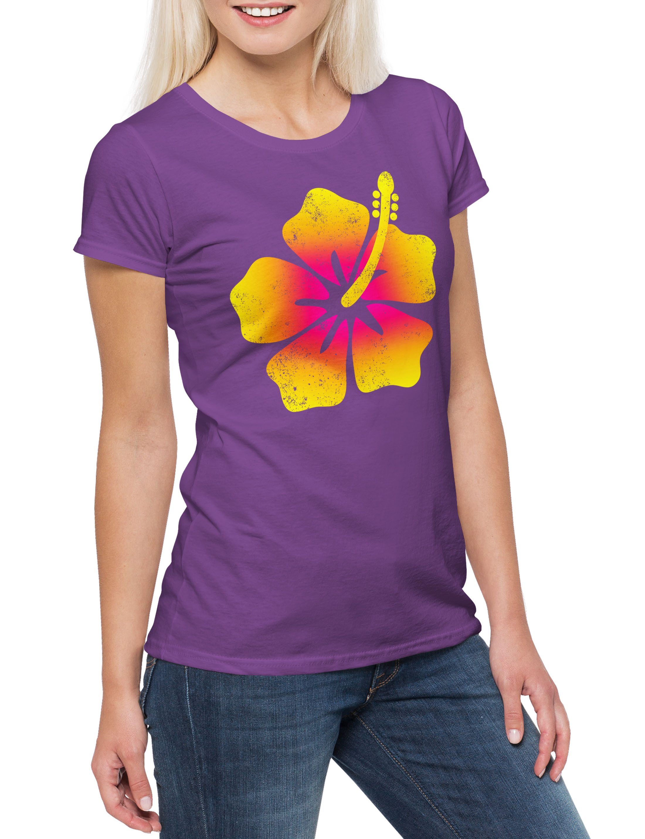 Print-Shirt Hawaii Flower II Damen T-Shirt Hibiskus Blüte Flowers Beach Strand