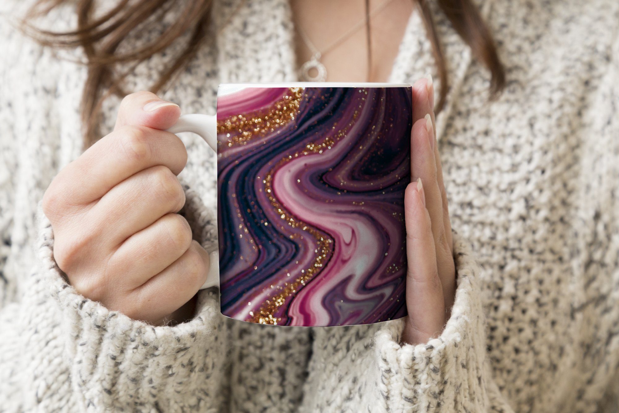 MuchoWow Tasse Kaffeetassen, - Becher, Gold Lila Teetasse, Marmoroptik Geschenk Rosa - Keramik, Teetasse, Luxus - - Marmor, 