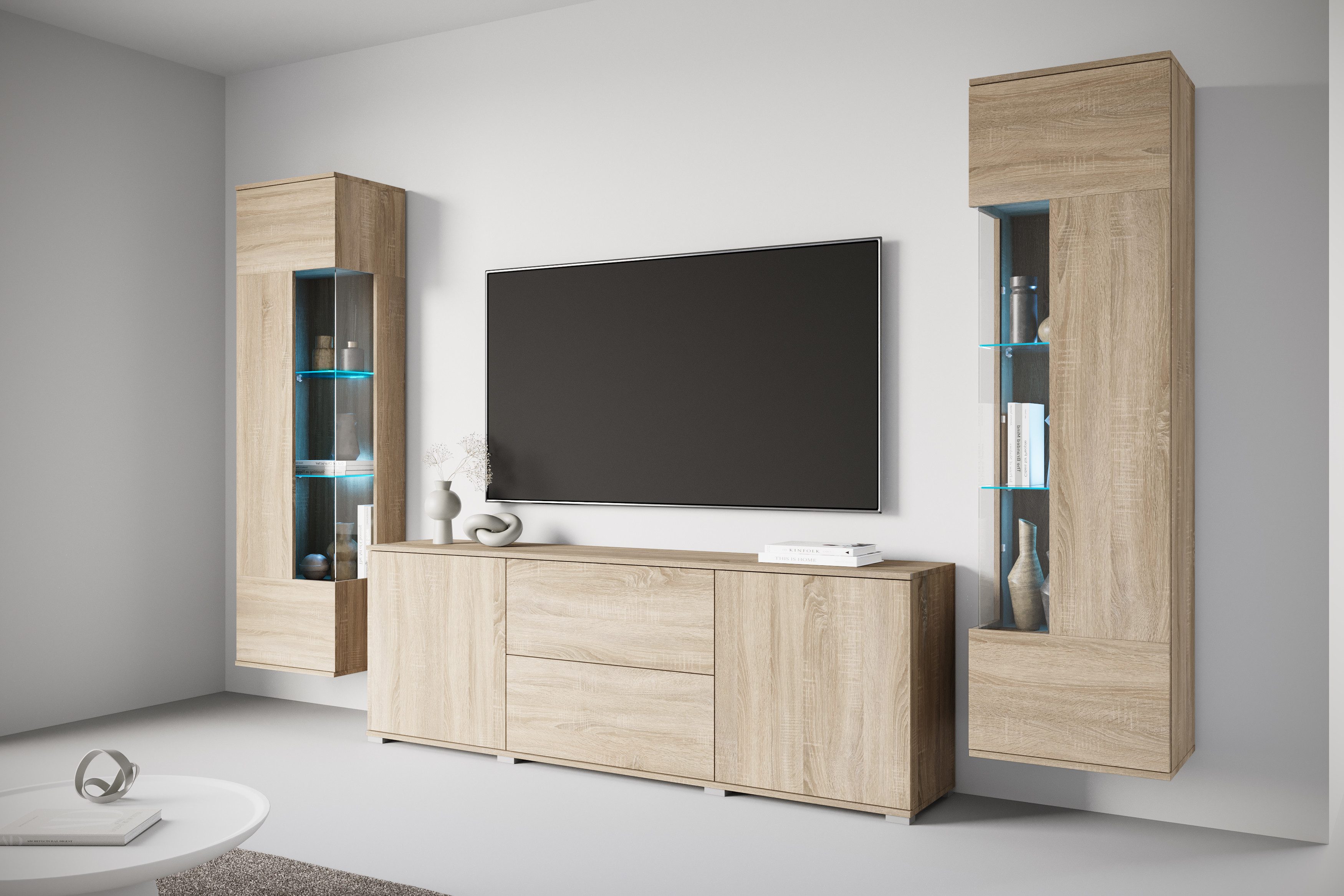 OTTO home Wohnwand KENIA, (Komplett-Set, 3-St), Vitrinen mit Eckverglasung, hängend und stehend montierbar