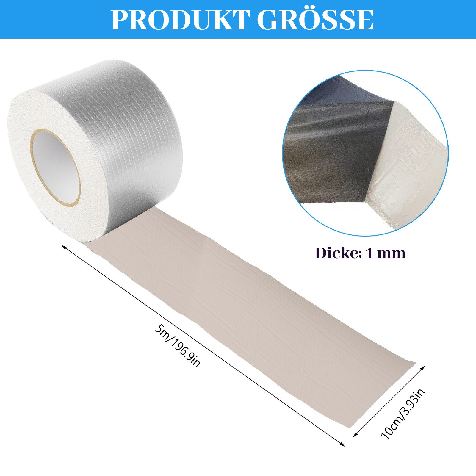 BlingBin Dichtungsband Selbstklebendes Aluminium Butyl-Reparaturband, (1 Stück, 1-St., 10 cm x 5 m x 1 mm), wasserdicht zum Abdichten und Befestigen gegen Undichtigkeiten