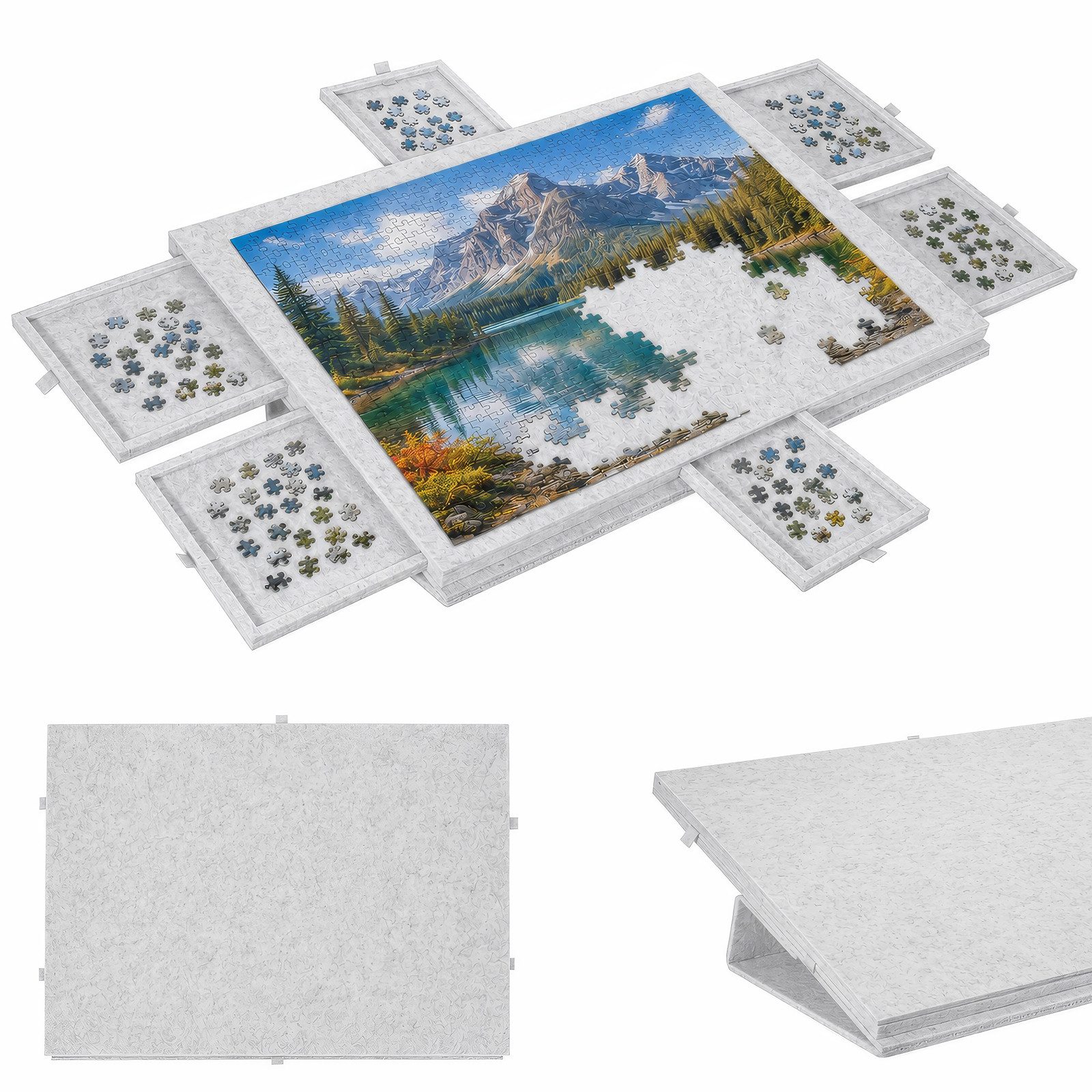 BlingBin Puzzleunterlage Filz Puzzlebrett 1000 Teile mit 6 Schubladen, klappbar, (2-in-1 Puzzlematte mit Ständer & Abdeckung, 1-tlg., 1tlg, 77 x 53,6 x 4,2 cm), Leicht & tragbar für Erwachsene & Kinder