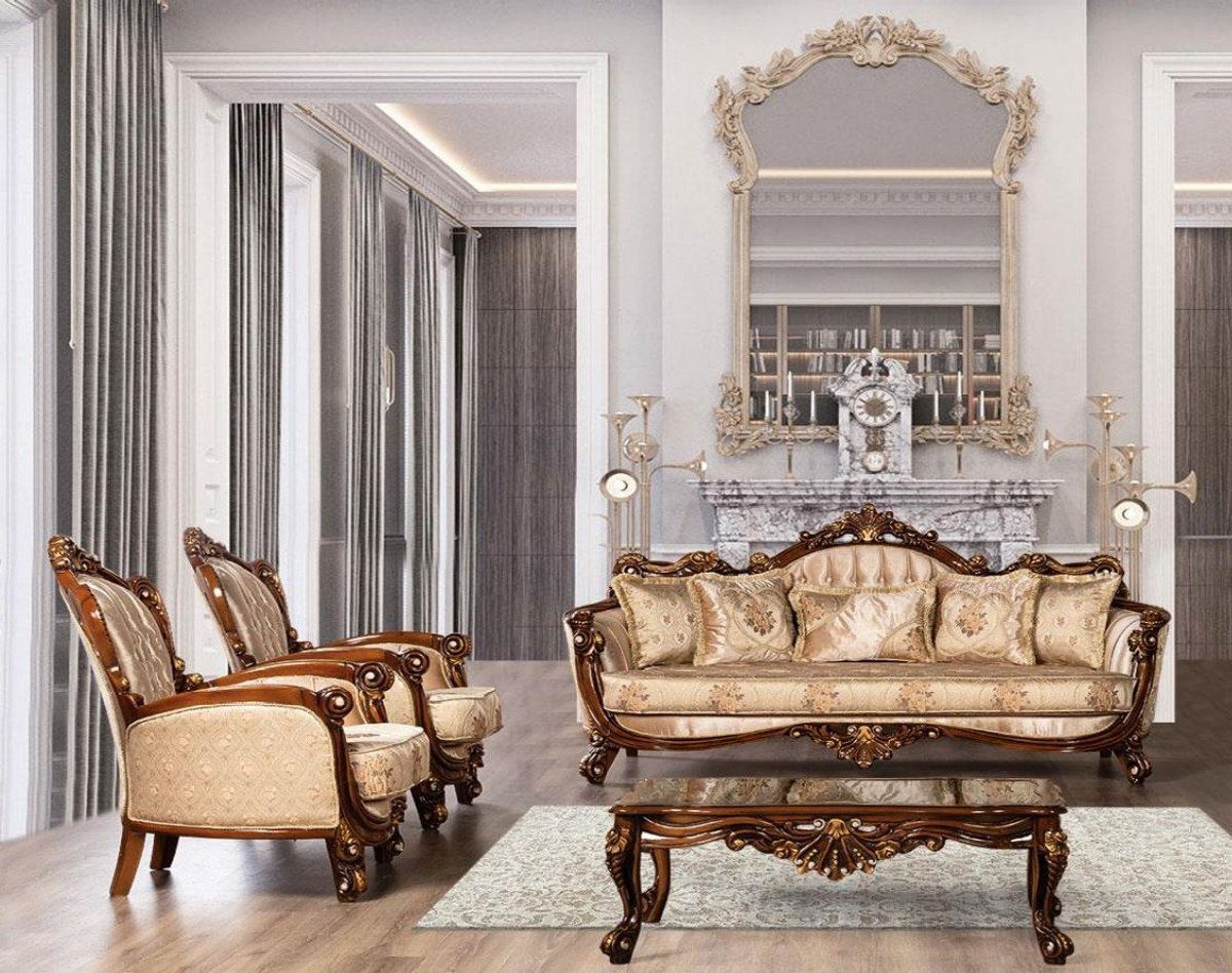 Prunkvoller Wohnzimmer Casa Barock elegantem Muster / Handgefertigte mit - Gold Luxus Braun Wohnzimmer Möbel Padrino Sessel Sessel / - Sessel Barock Beige