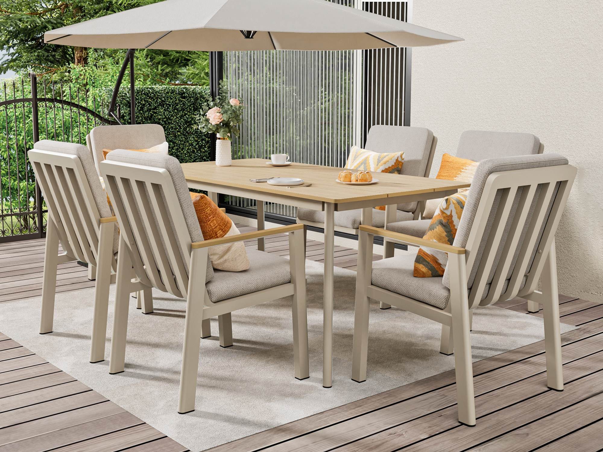 MeXo Gartenlounge-Set Garten Essgruppe für 6 Personen, (Gartenmöbel-Set aus Aluminium, 7-tlg., mit ergonomischen Sesseln inkl. Kissen), Belastbarkeit pro Sitzplatz 140 kg