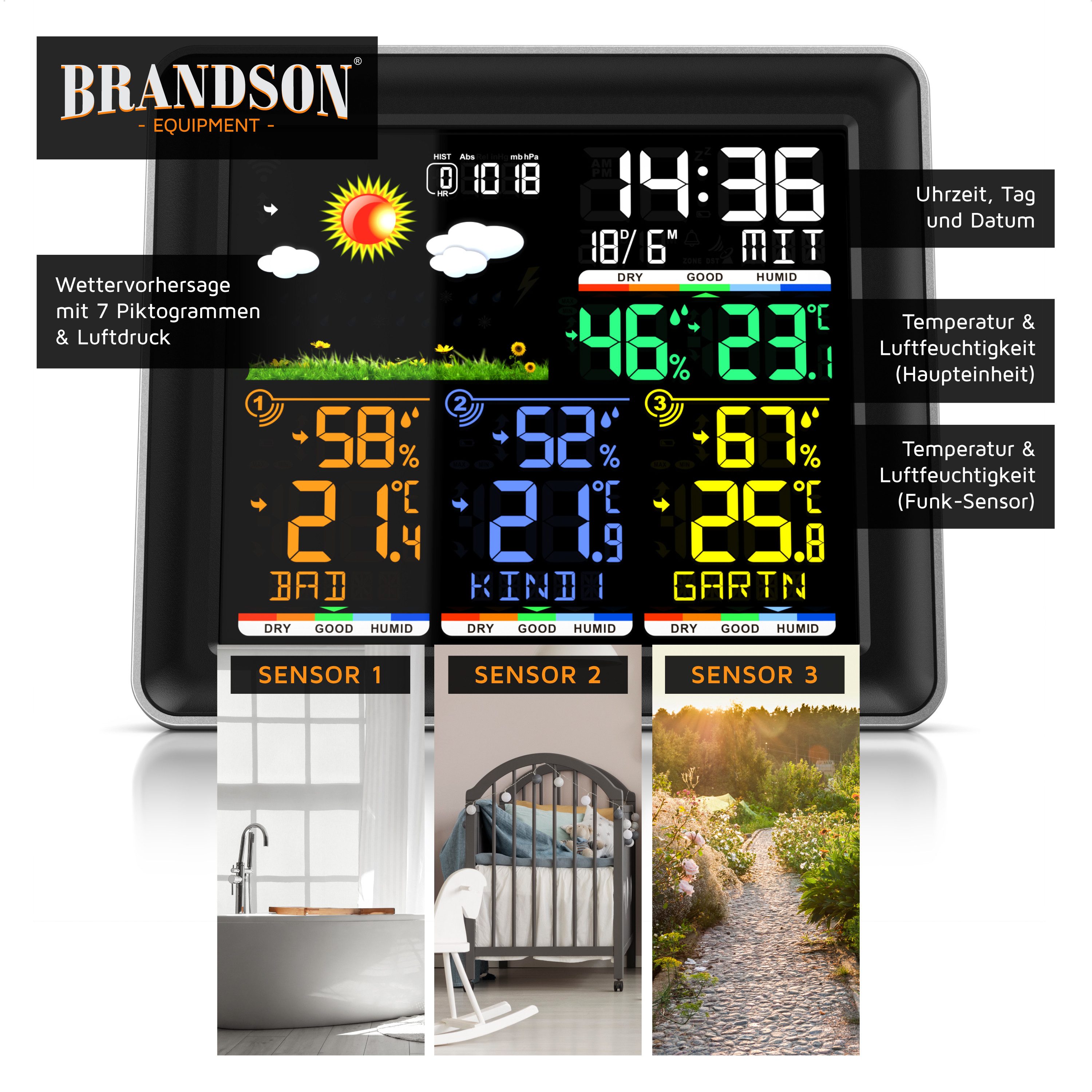 BEARWARE Funk, mit Farbdisplay, Wireless Funksensor/Außensensor, DCF Funkuhr Wetterstation (mit Außensensor, Luftdruck, Wettervorhersage, Barometer, Wecker, Alarm, Snooze)