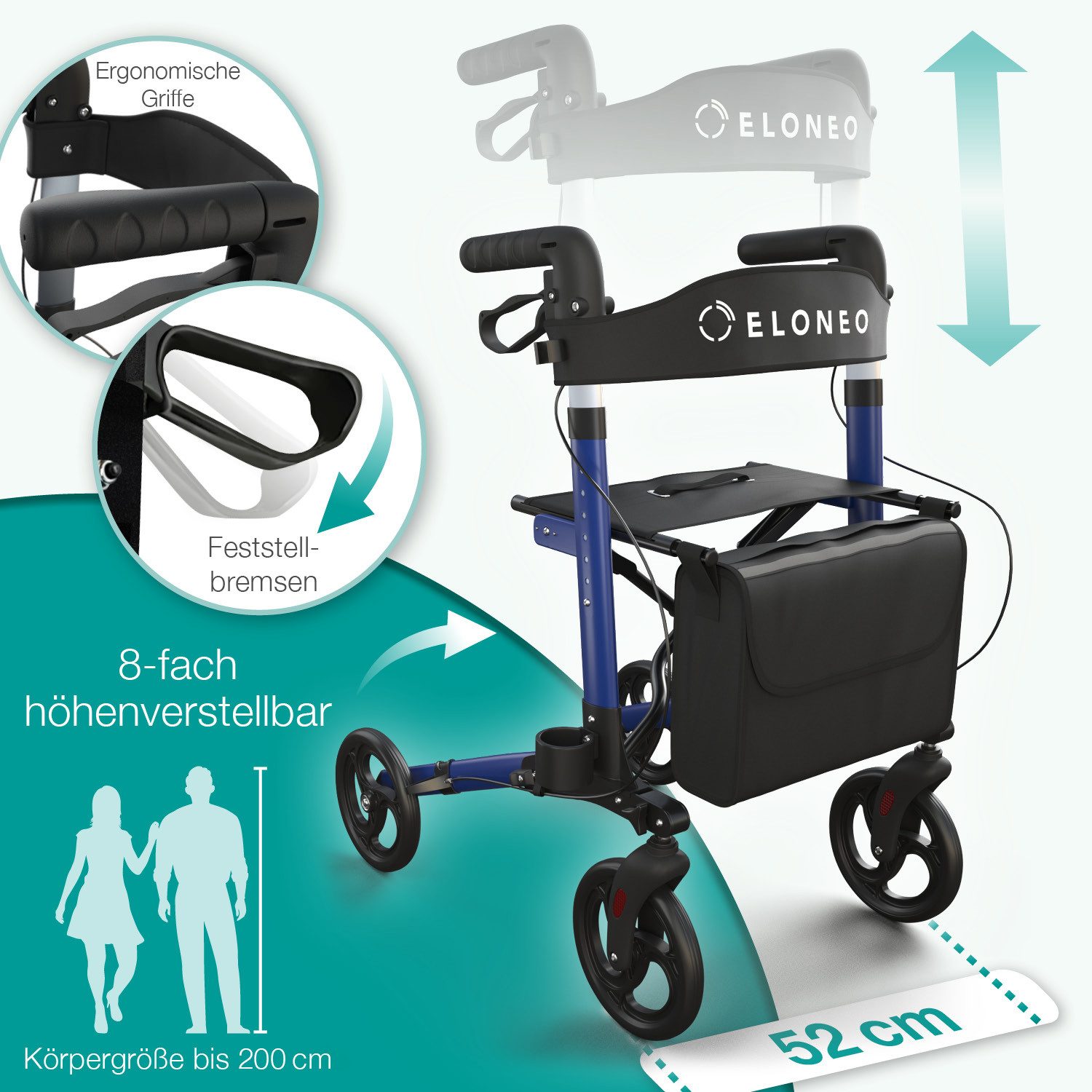 ELONEO Rollator leicht und faltbar mit Sitz, Gehhilfe 8-fach höhenverstellbar, Komfort-Sitz mit Stockhalter, Einkaufstasche & Rückengurt