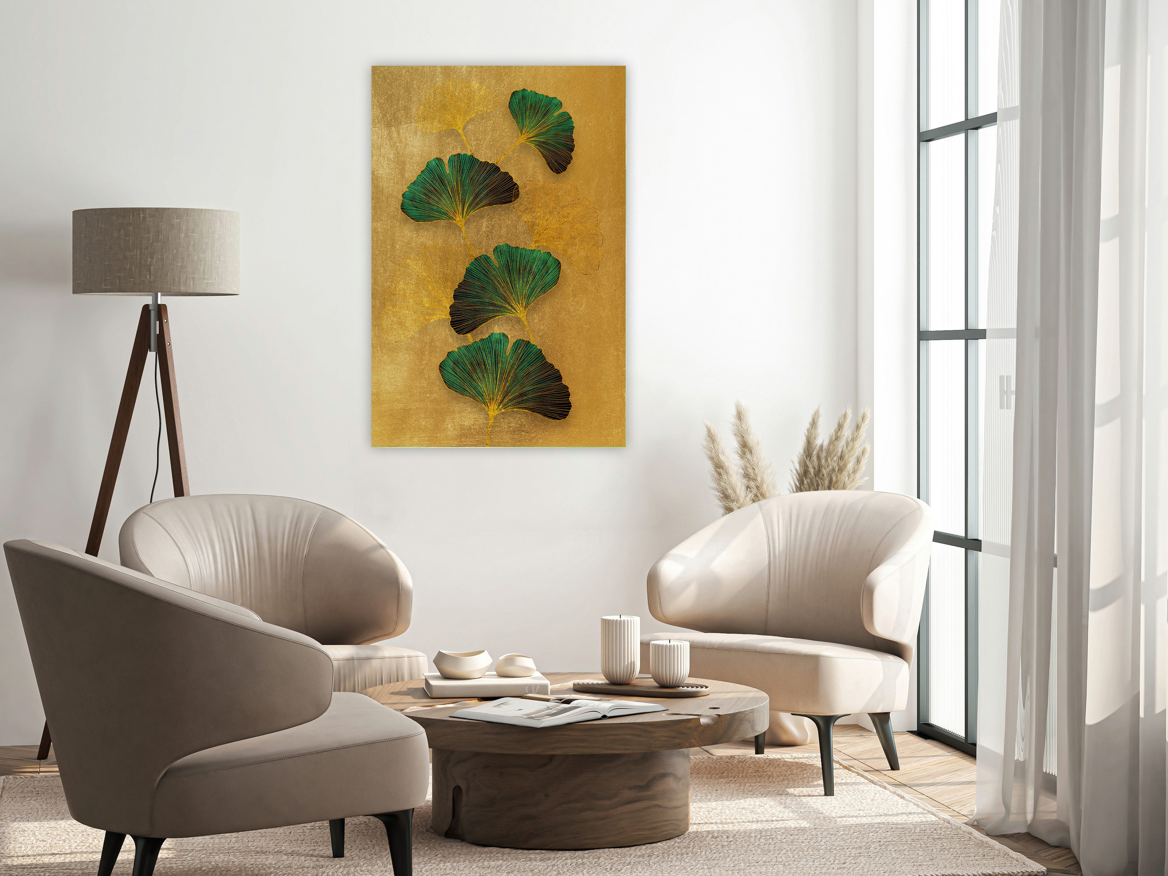 queence Leinwandbild Gingkoblätter Gold, Canvas Bild von Hand bespannt, (1 St), Zeitlose Ginkgo-Motive in hellen Farben