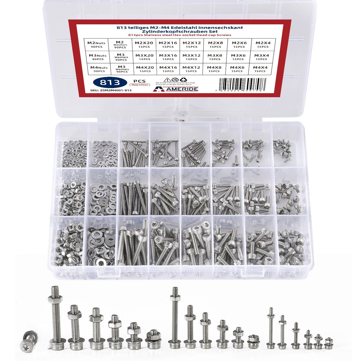 Natsen Schrauben-Set, (813 St), 813pcs Innensechskant Zylinderschrauben M2 M3 M4 Edelstahl Schrauben Muttern Sortiment Set,Silber