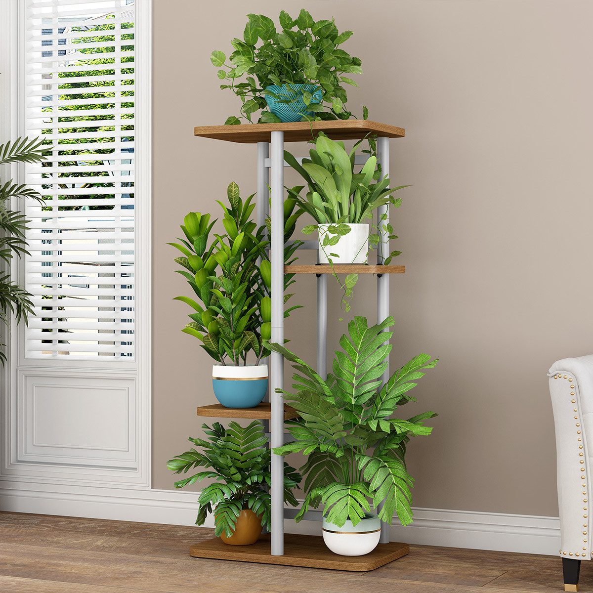 GarveeMore Blumenständer Neu Pflanzenständer Metall Blumenregal mit hölzern günstig online kaufen