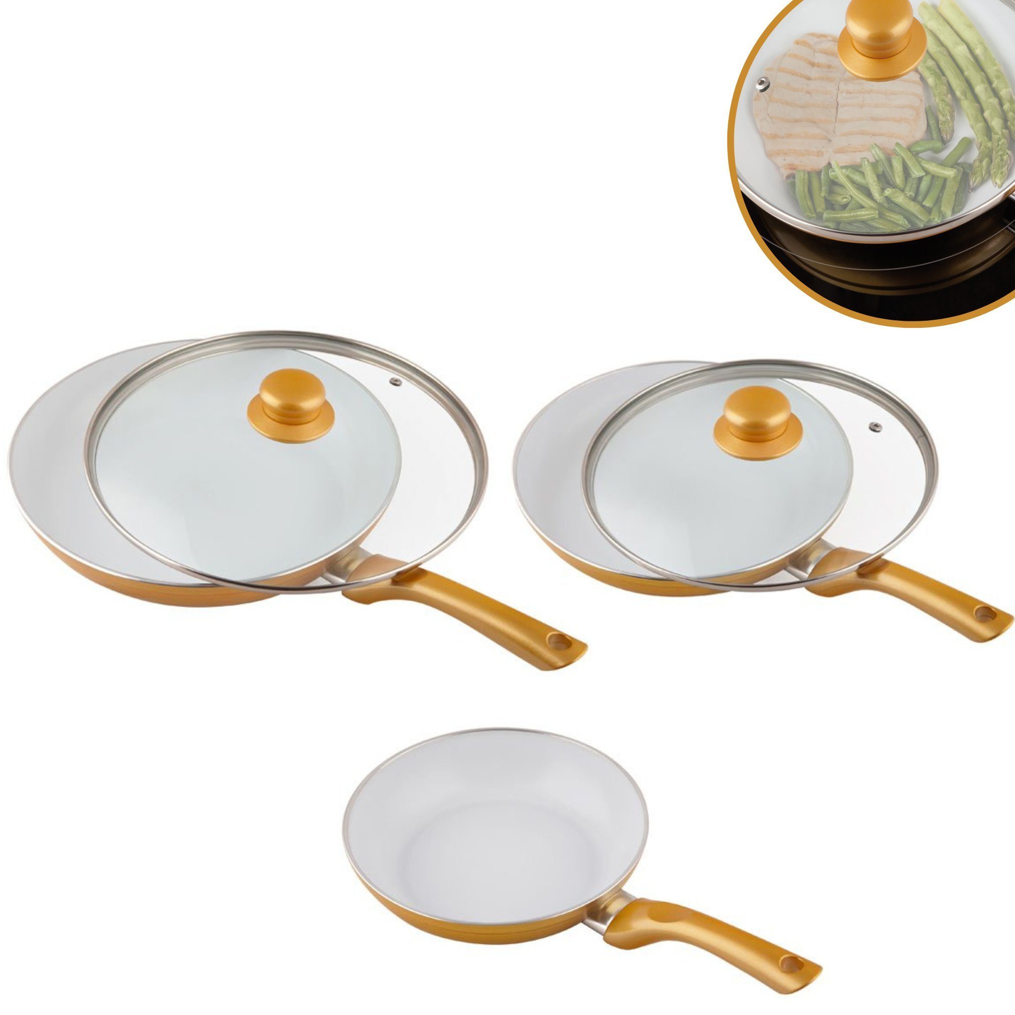 Best Direct® Pfannen-Set Ceramicore® 5er Pfannenset Keramik Beschichtung, Keramik (Set, 5-tlg), Set mit 3 Pfannen (20cm, 24cm und 28cm) gold