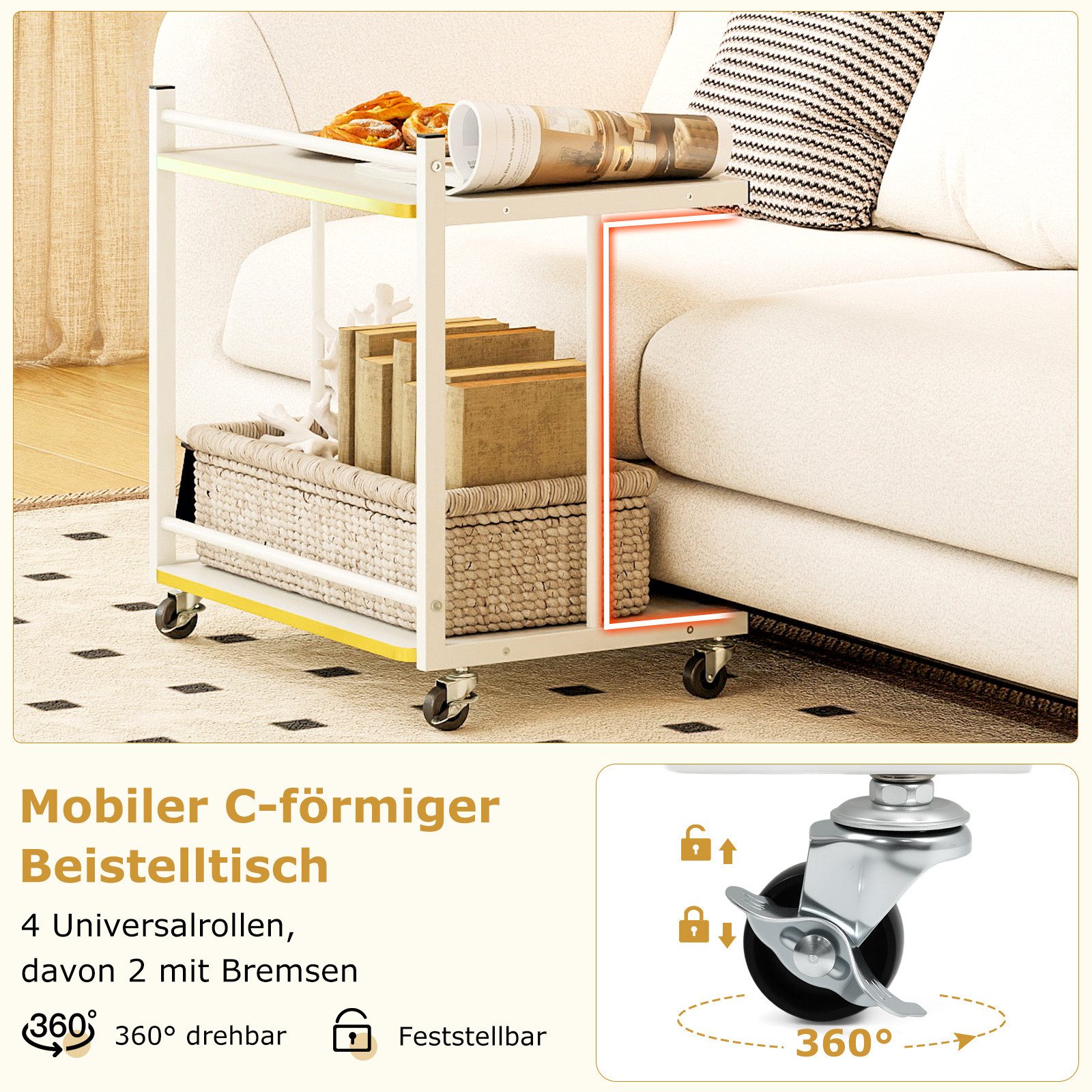 COSTWAY Beistelltisch, mit Rollen, 2 offenen Ablagen, Druckertisch Couchtisch C-Form