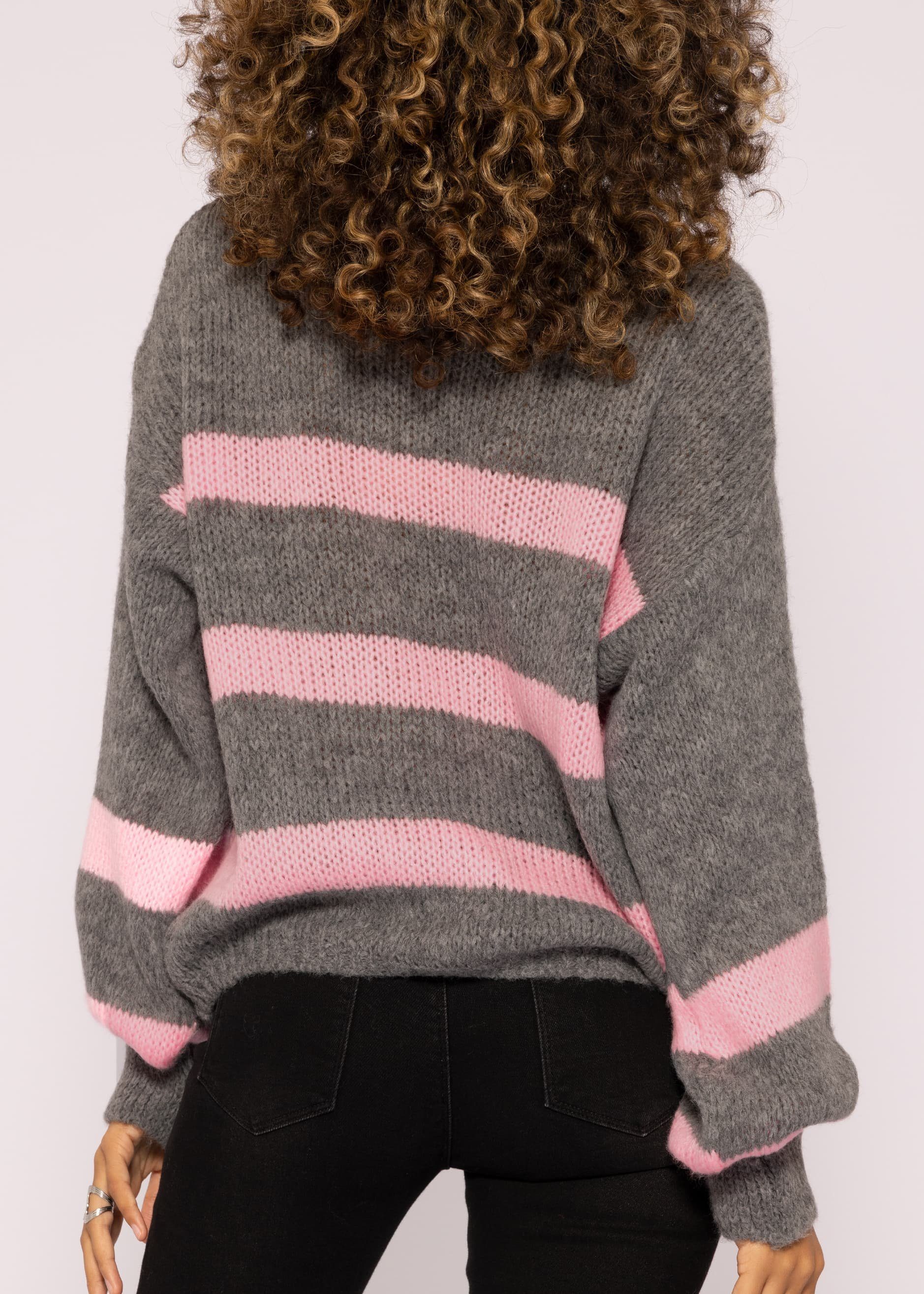 SASSYCLASSY Strickpullover Oversize Pullover Damen in weichem und Lässiger Made Grau V-Ausschnitt, mit Strickpullover Grobstrick aus Italy Streifen