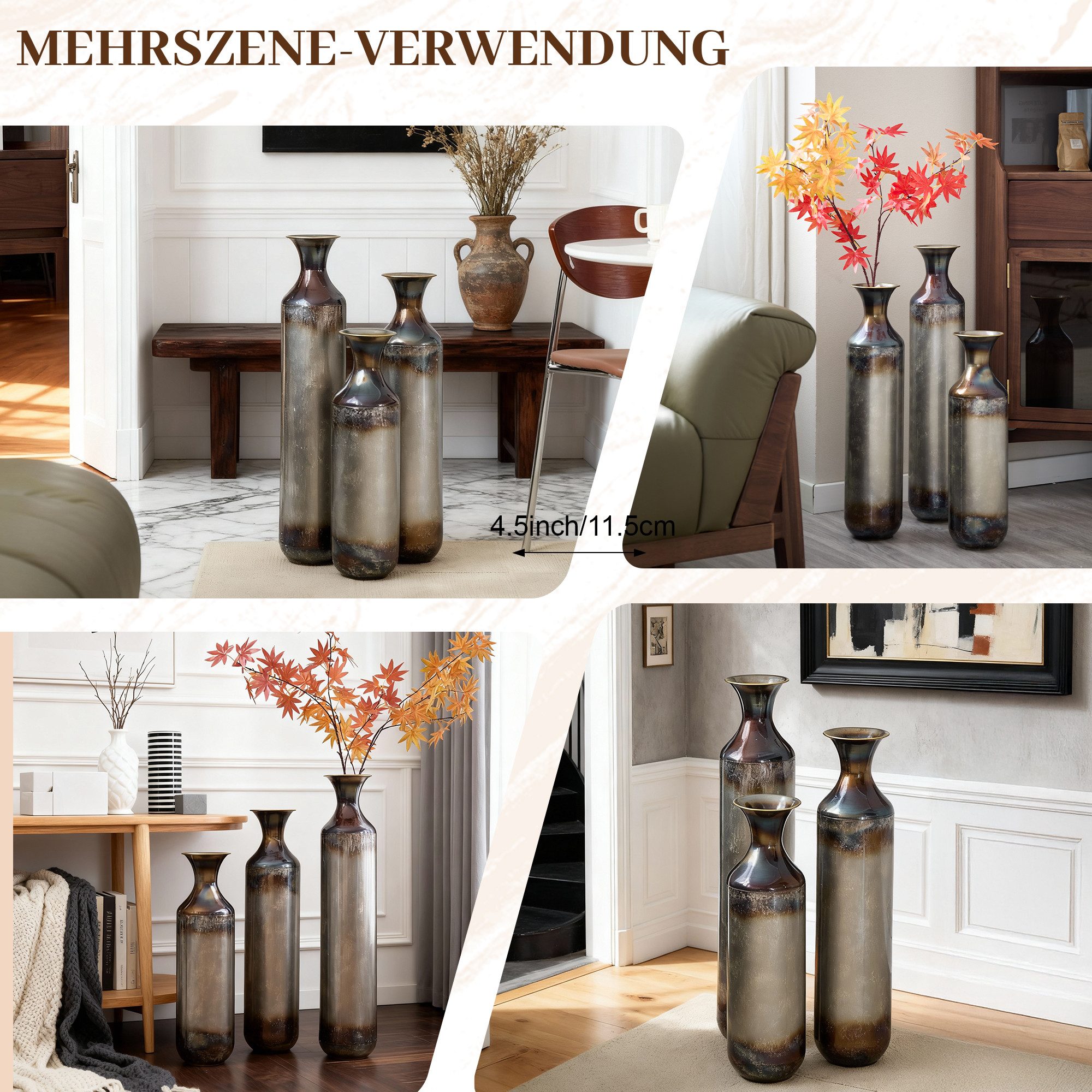 HAUSS SPOLE Bodenvase handgebrannte Vintage-Optik,3er Metallvase Dekovasen Wohnzimmer (Dekoratives Vasenensemble für Zuhause), Handgebrannte Metallvase Nicht Wasserdicht